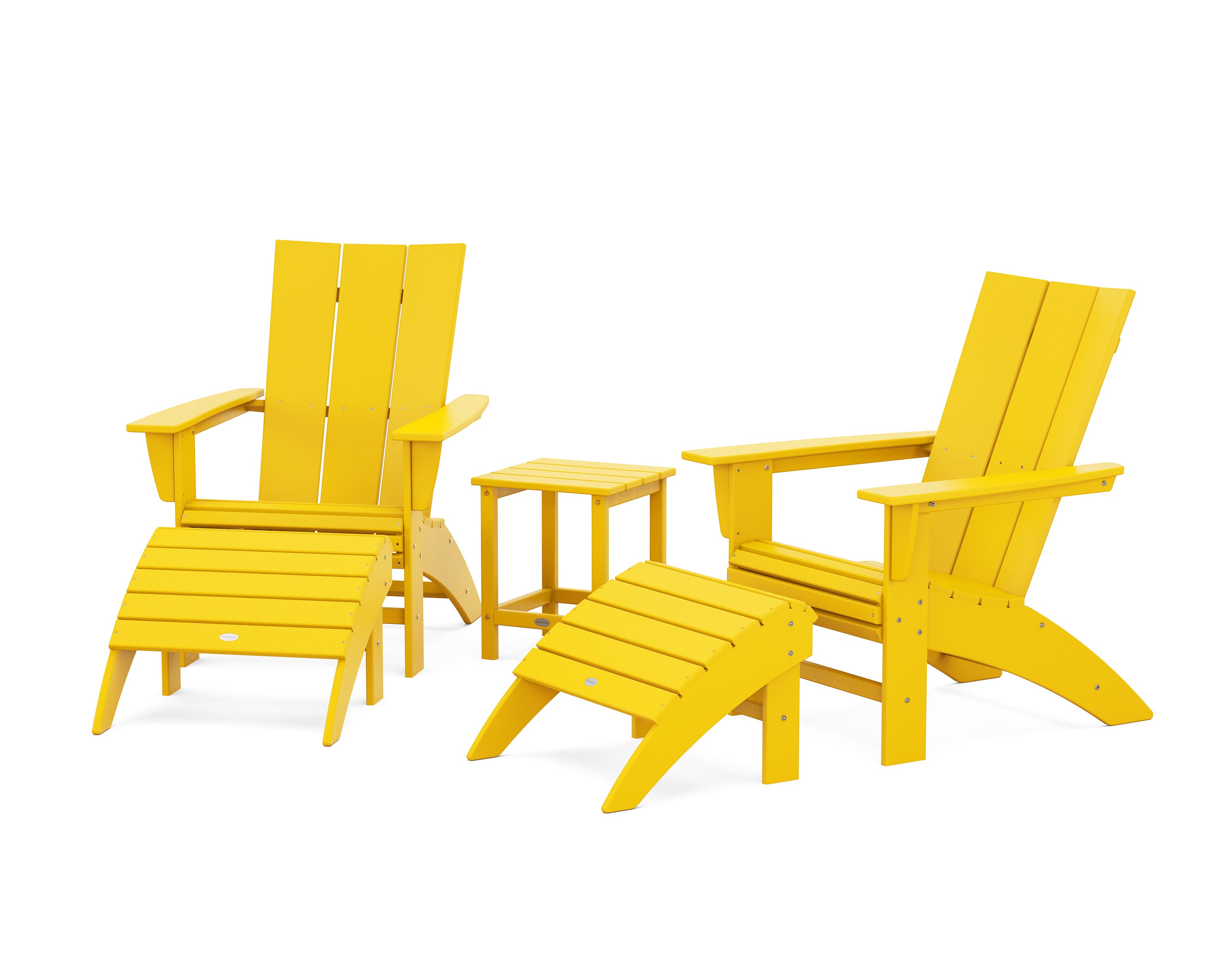Modern Curveback Adirondack Chair 5-Piece Set with Ottomans and 18" Side Table in Lemon