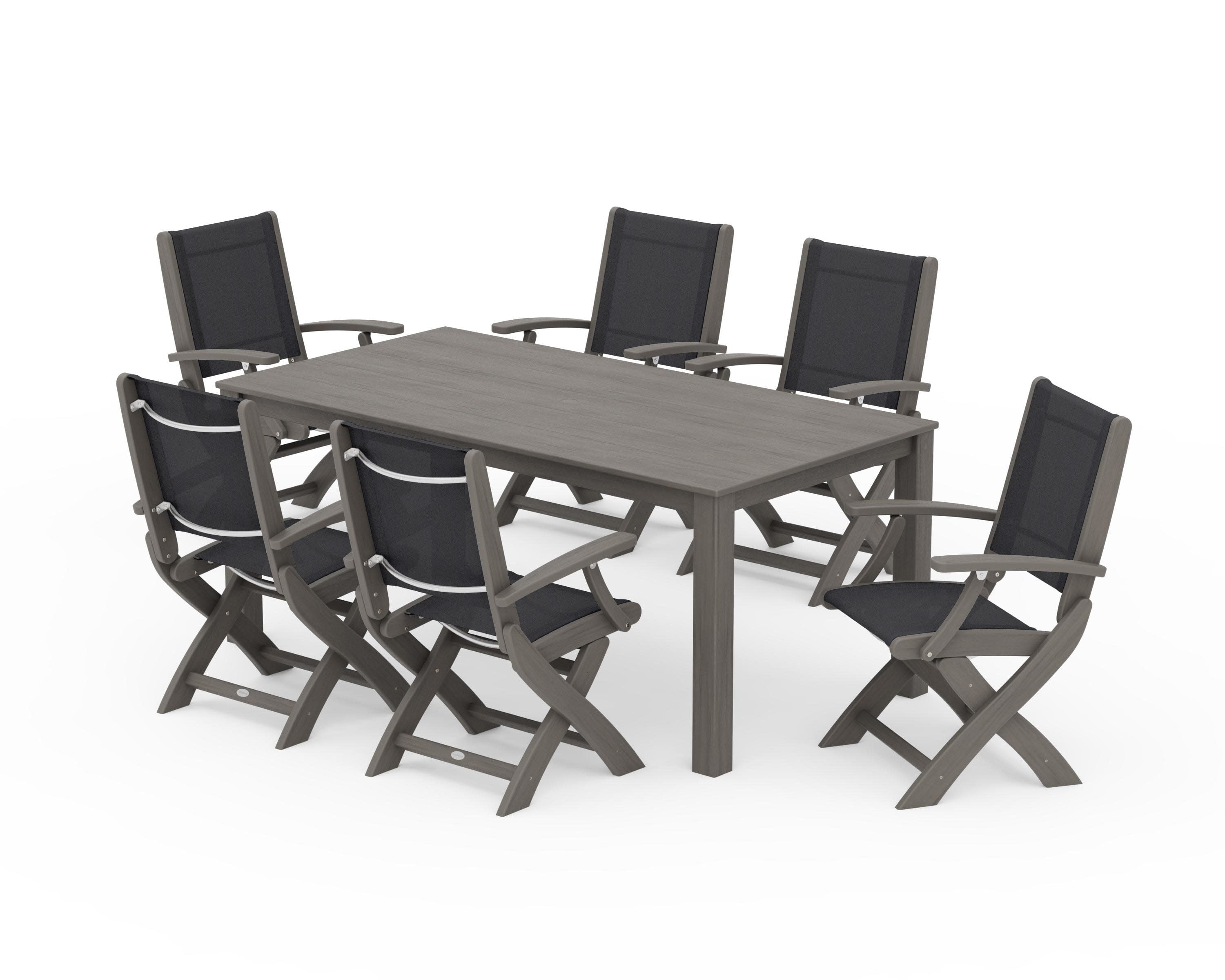 Coastal Folding Chair 7-Piece Parsons Dining Set in Driftwood / Black Sling