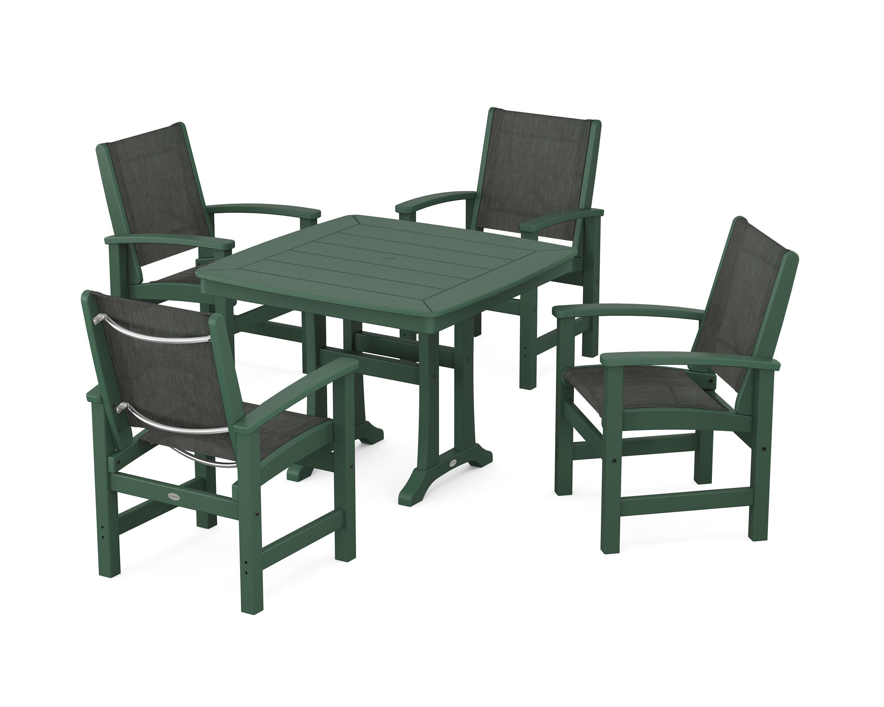 Coastal 5-Piece Dining Set with Trestle Legs in Green / Ember Sling