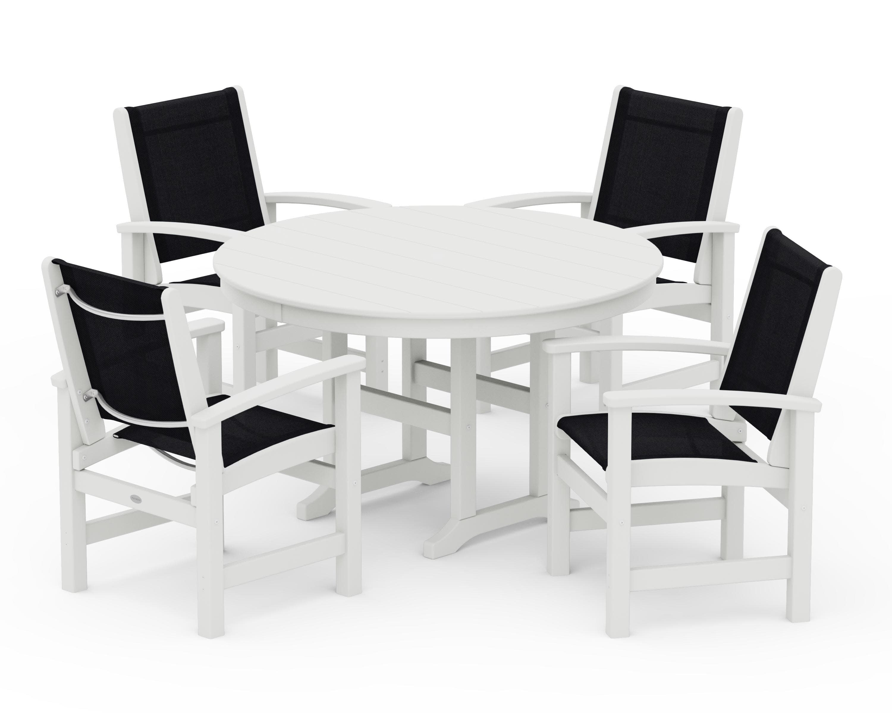 Coastal 5-Piece Round Farmhouse Dining Set in Vintage White / Black Sling