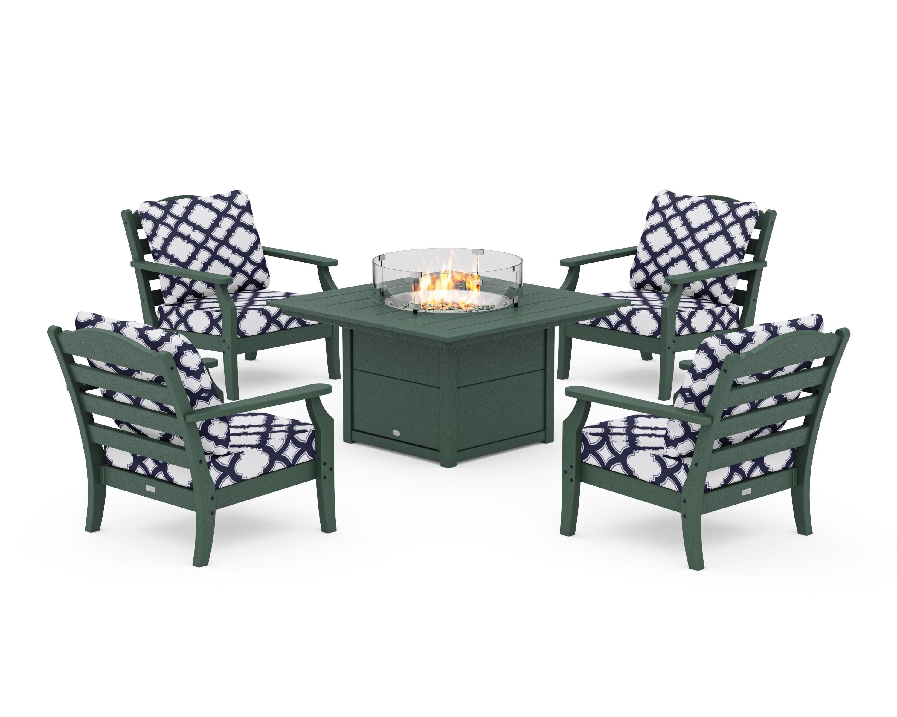 Savannah 5-Piece Deep Seating Set with Fire Pit Table in Green / Trellis Navy