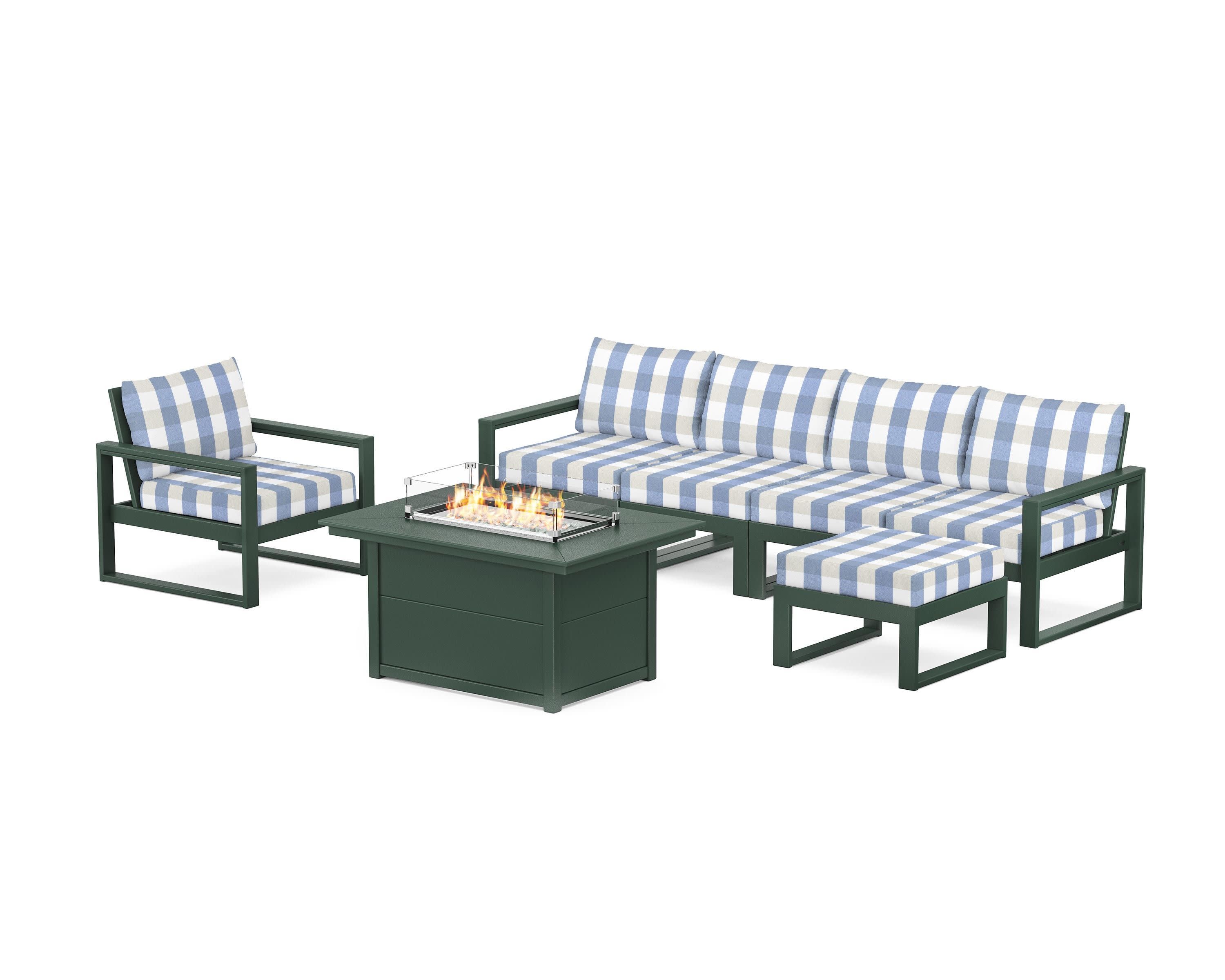 EDGE Sectional Lounge and Fire Pit Set in Green / Buffalo Plaid Sky Blue