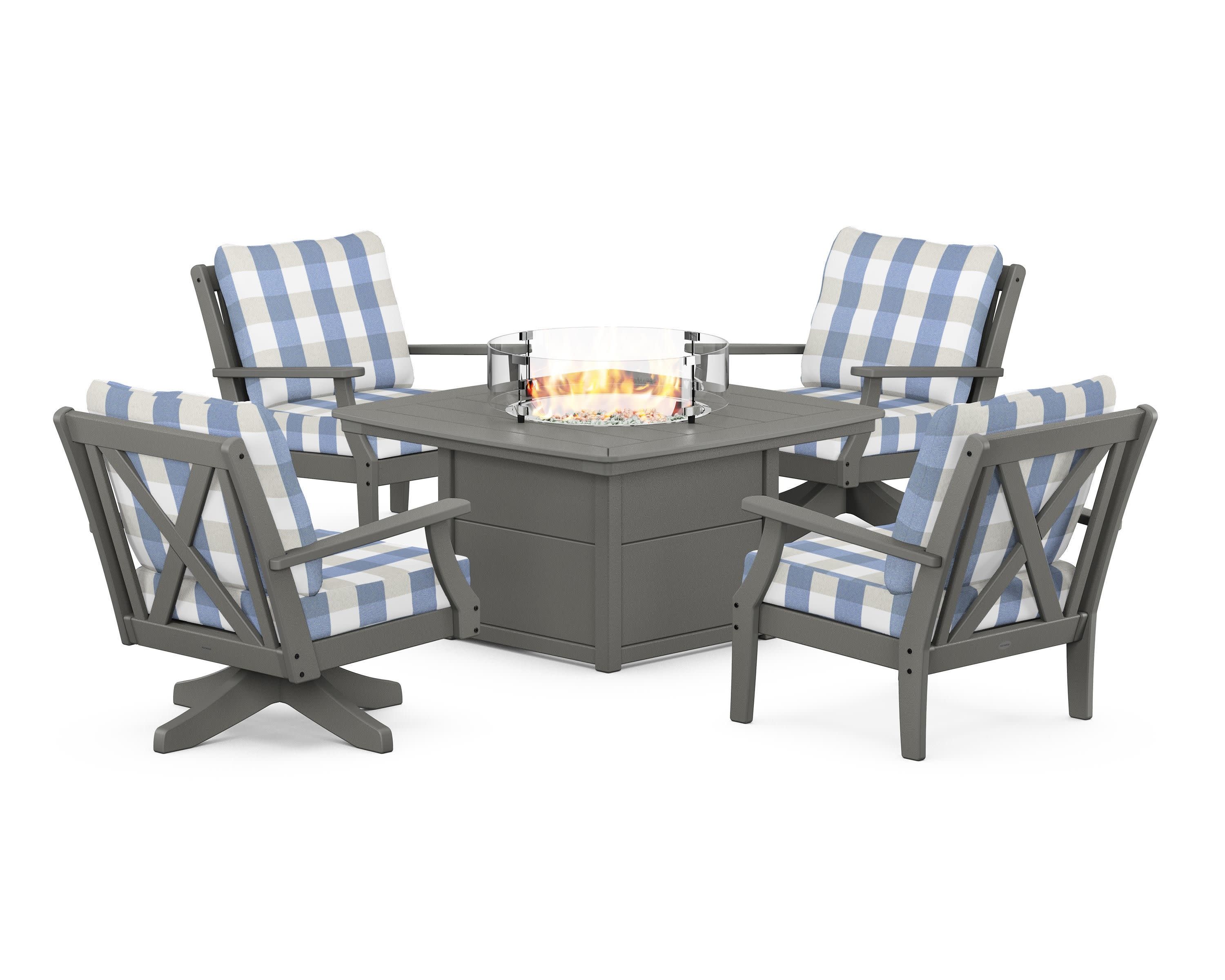 Braxton 5-Piece Deep Seating Set with Fire Table in Slate Grey / Buffalo Plaid Sky Blue