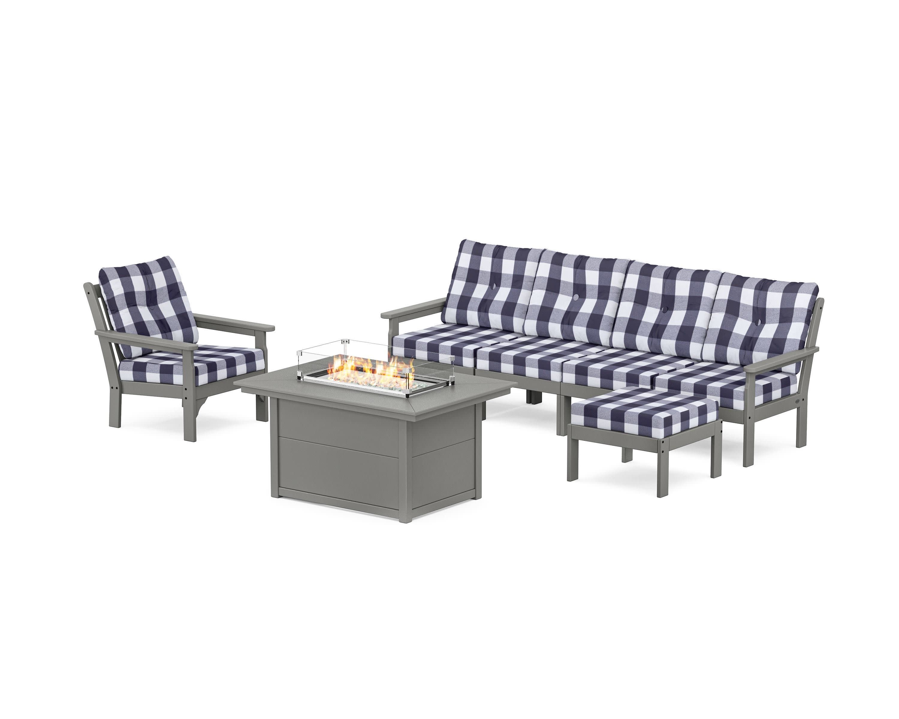Vineyard Sectional Lounge and Fire Pit Set in Slate Grey / Buffalo Plaid Navy