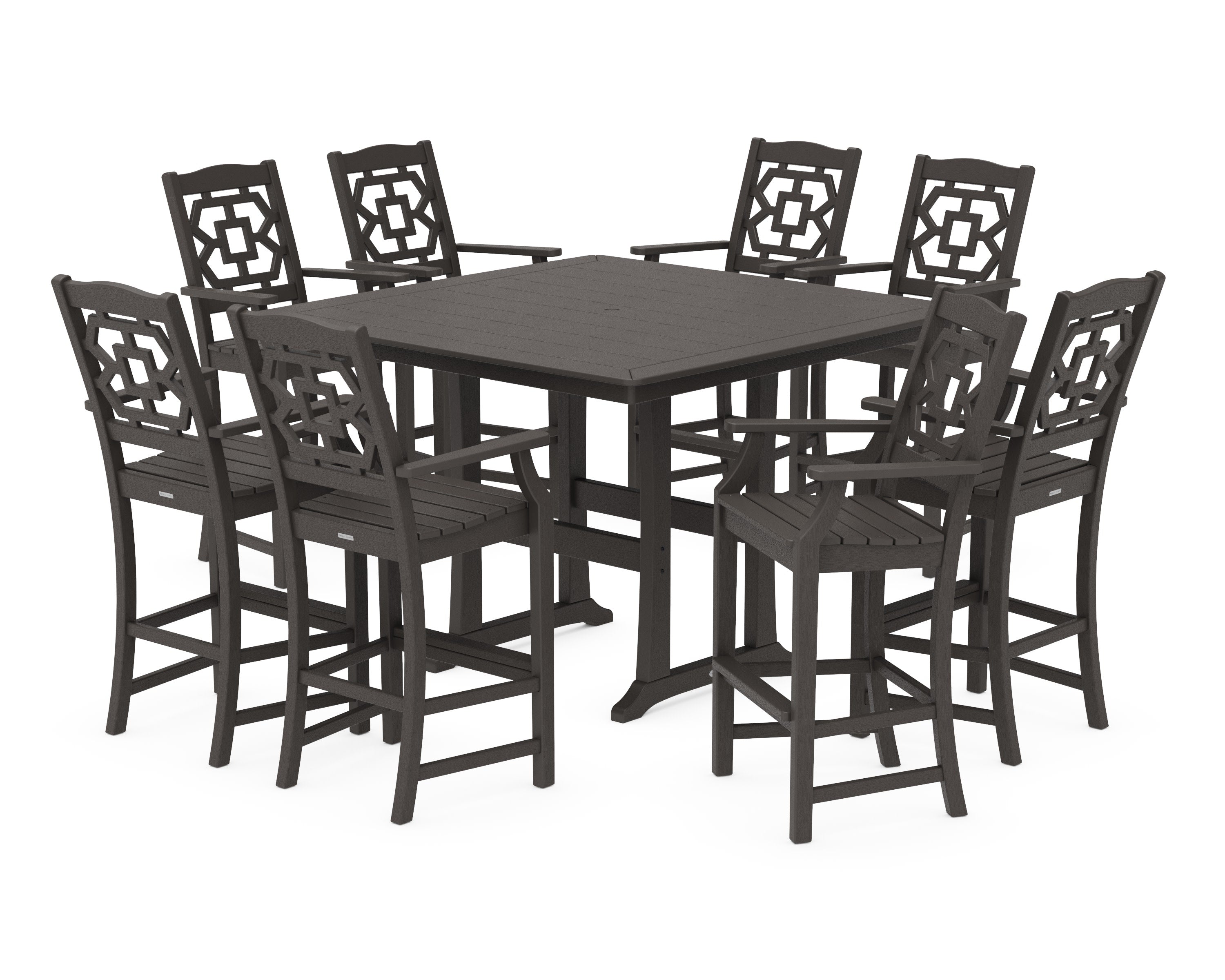 Chinoiserie 9-Piece Square Side Chair Bar Set with Trestle Legs in Vintage Coffee