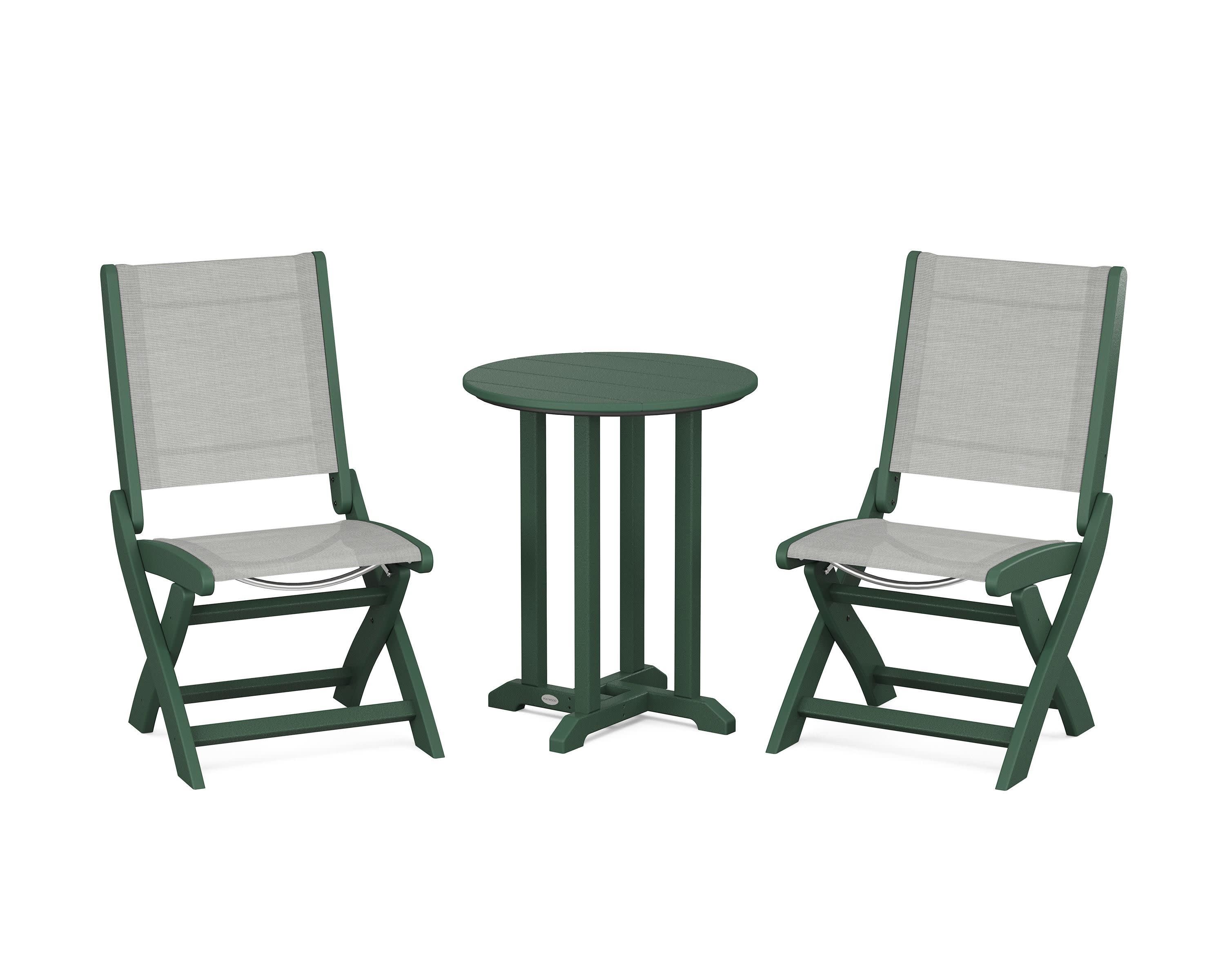 Coastal Folding Side Chair 3-Piece Round Bistro Dining Set in Green / Metallic Sling