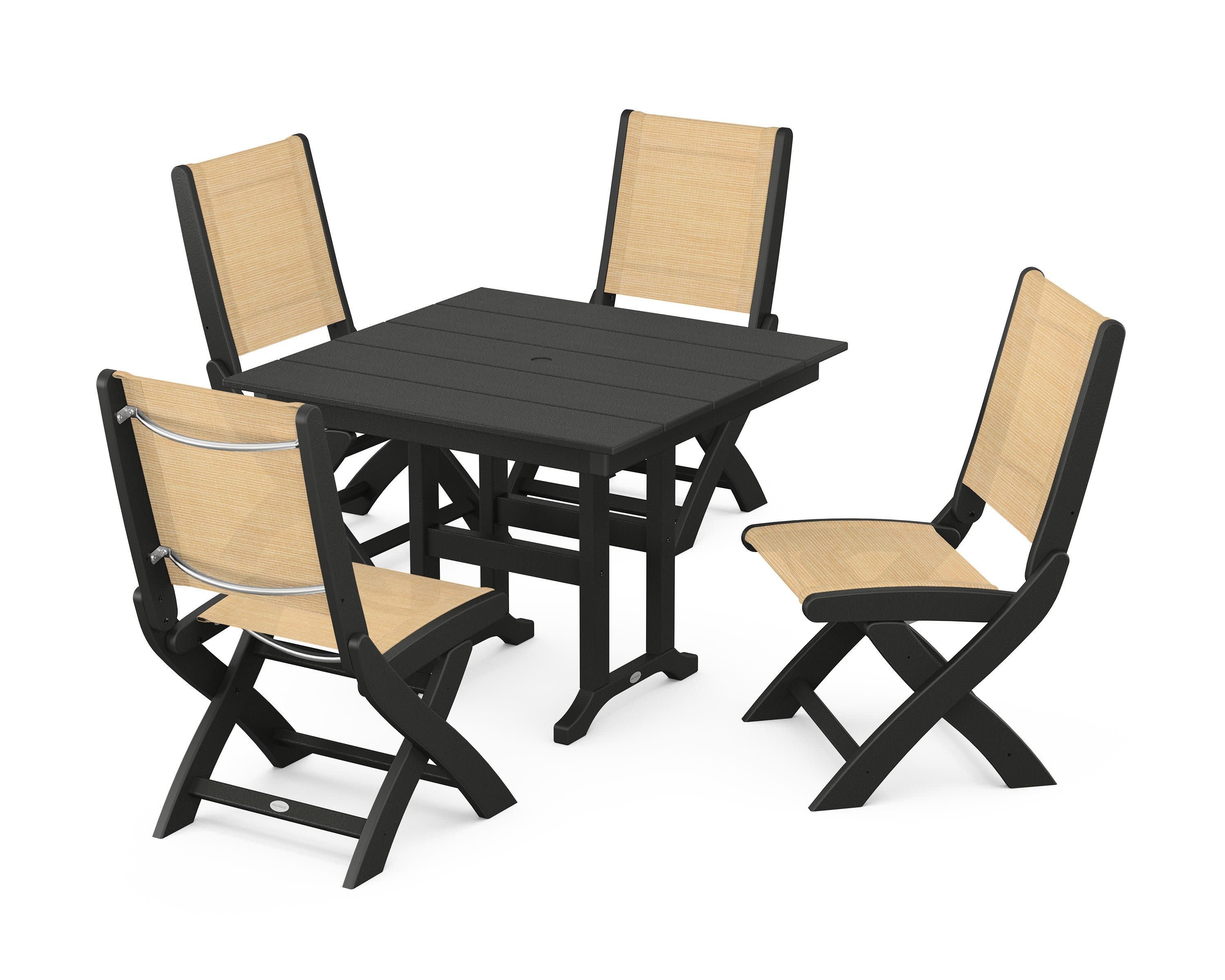 Coastal Folding Side Chair 5-Piece Farmhouse Dining Set in Black / Dupioni Apricot Sling