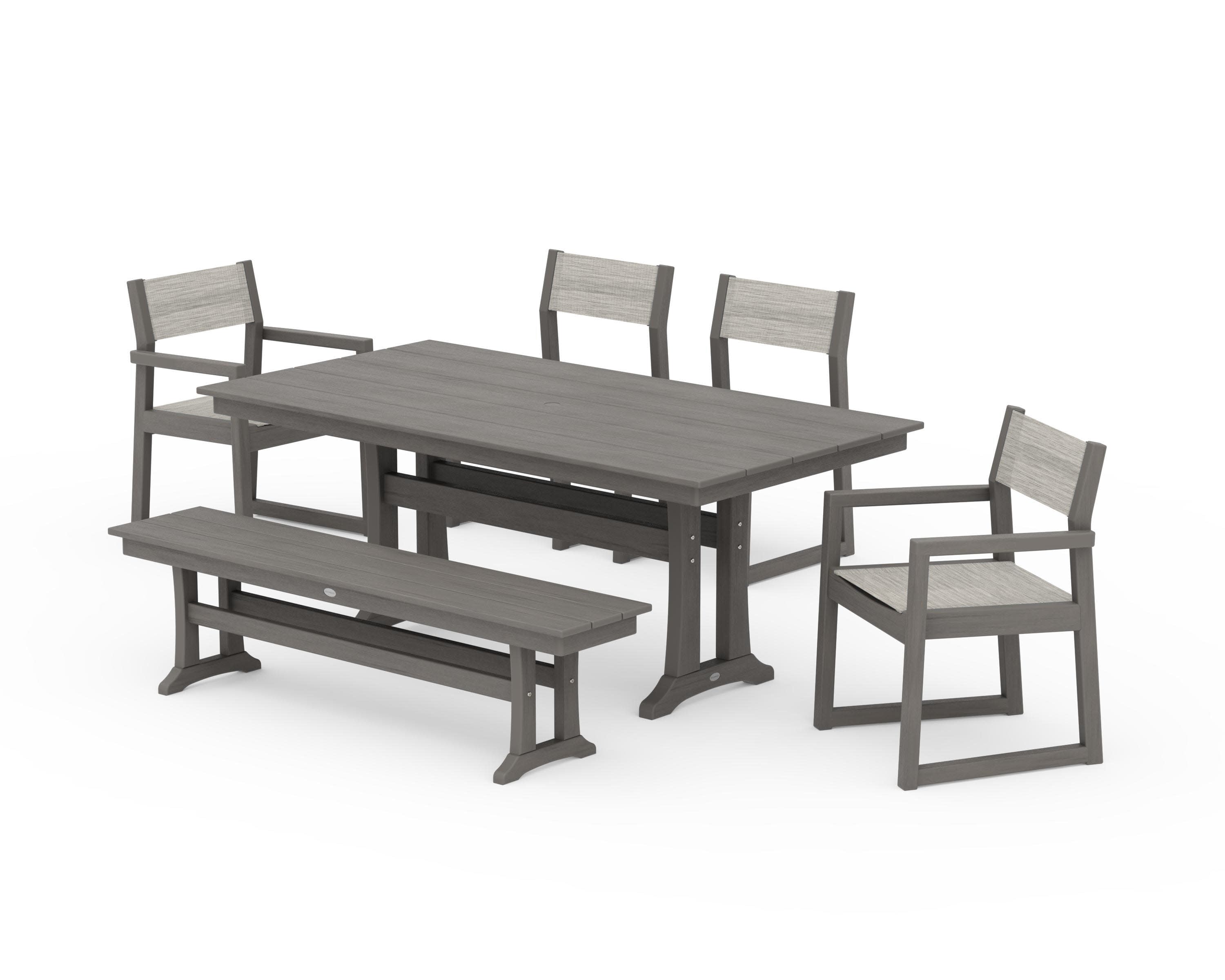 EDGE Sling 6-Piece Farmhouse Dining Set With Trestle Legs in Driftwood / Birch Sling
