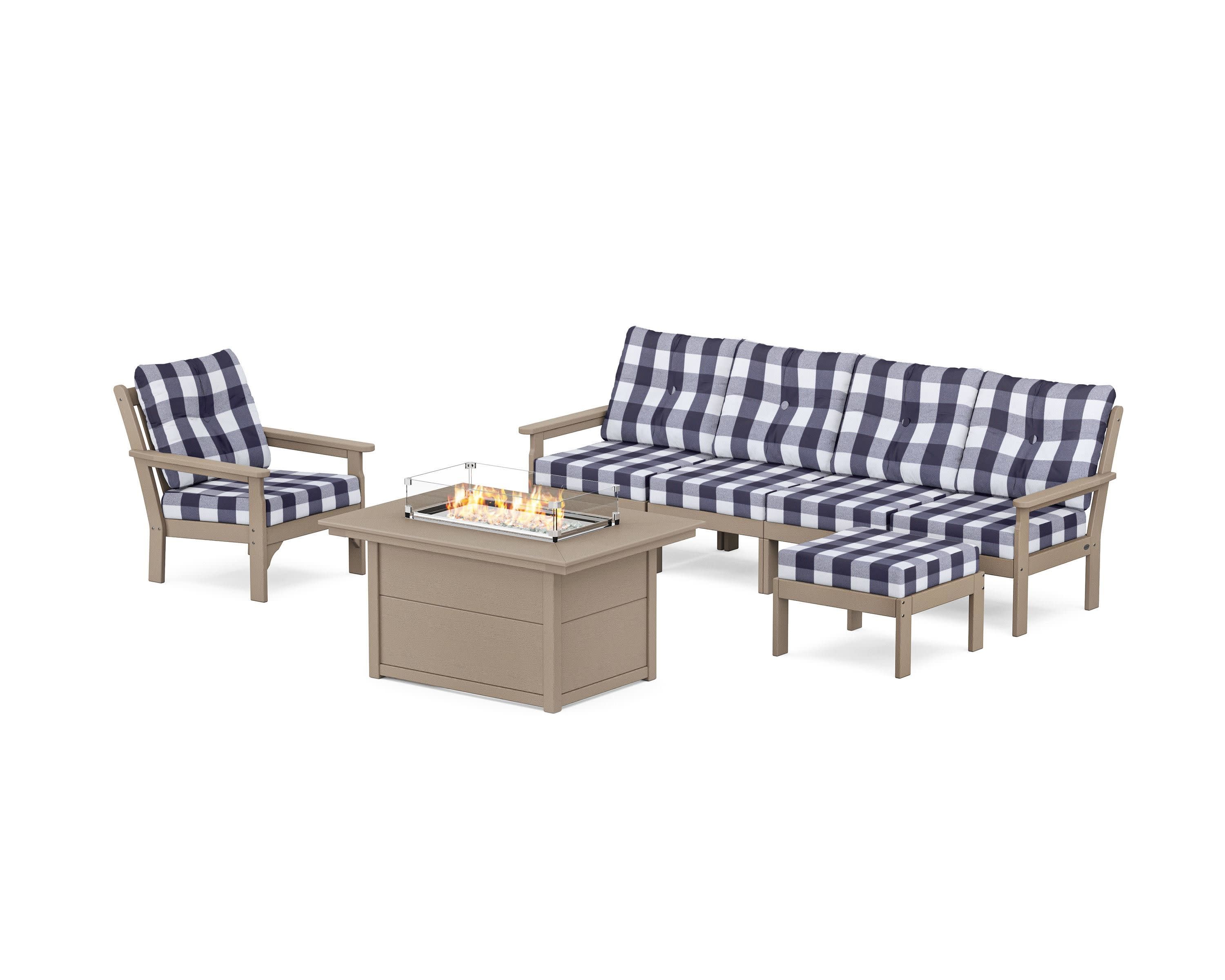 Vineyard Sectional Lounge and Fire Pit Set in Vintage Sahara / Buffalo Plaid Navy
