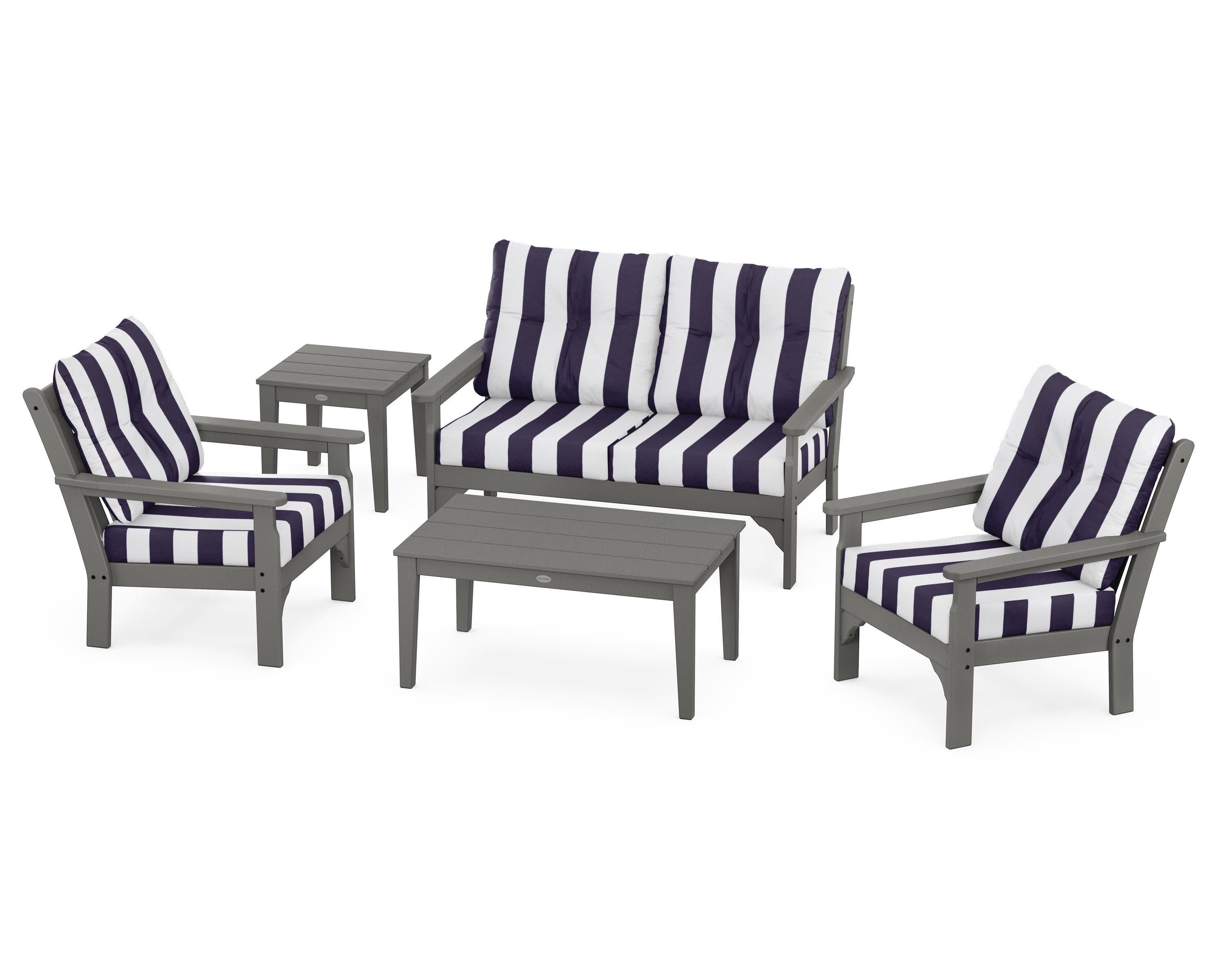 Vineyard 5-Piece Deep Seating Set in Slate Grey / Cabana Stripe Navy