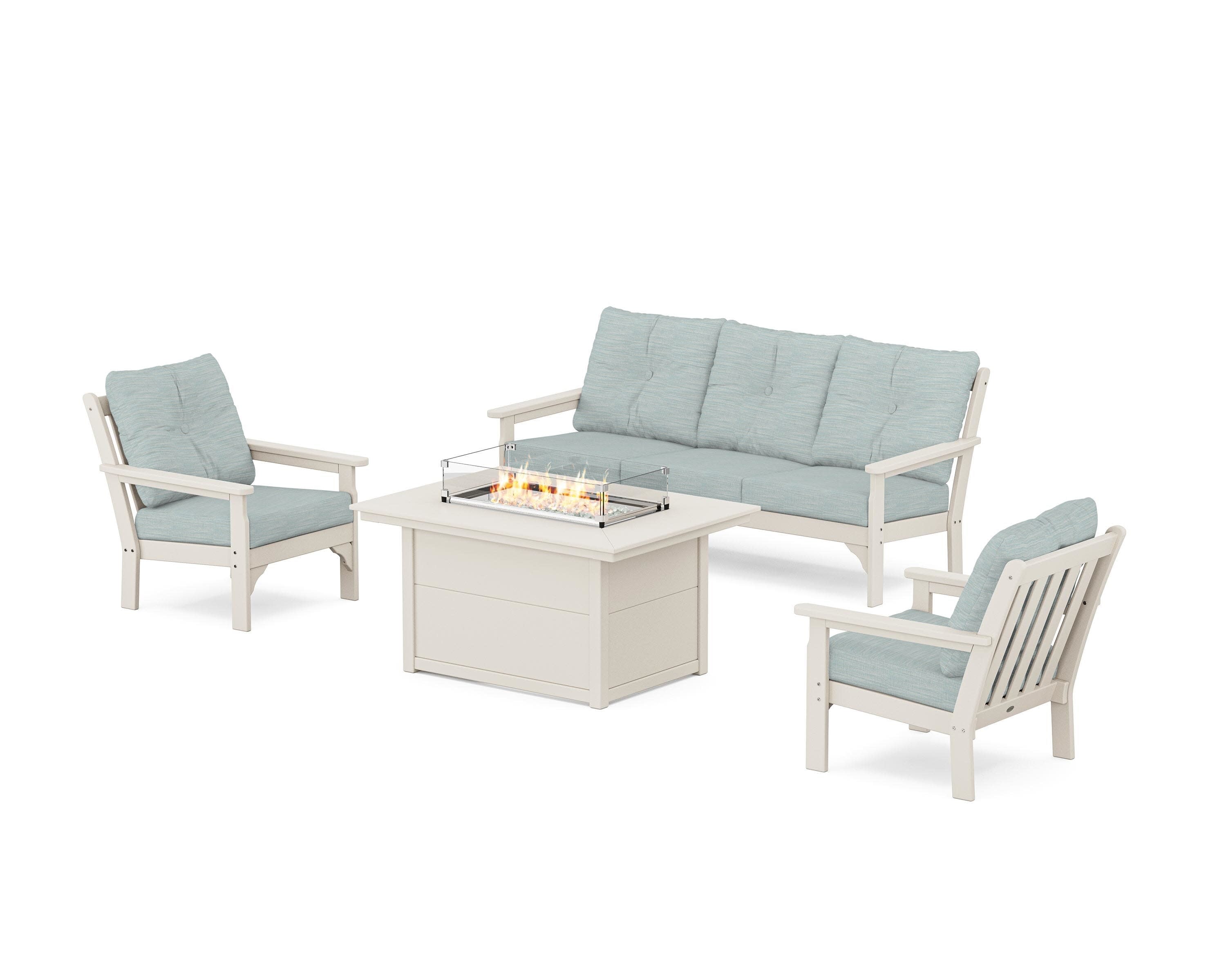 Vineyard Deep Seating Fire Pit Table Set in Sand / Soothe Mist