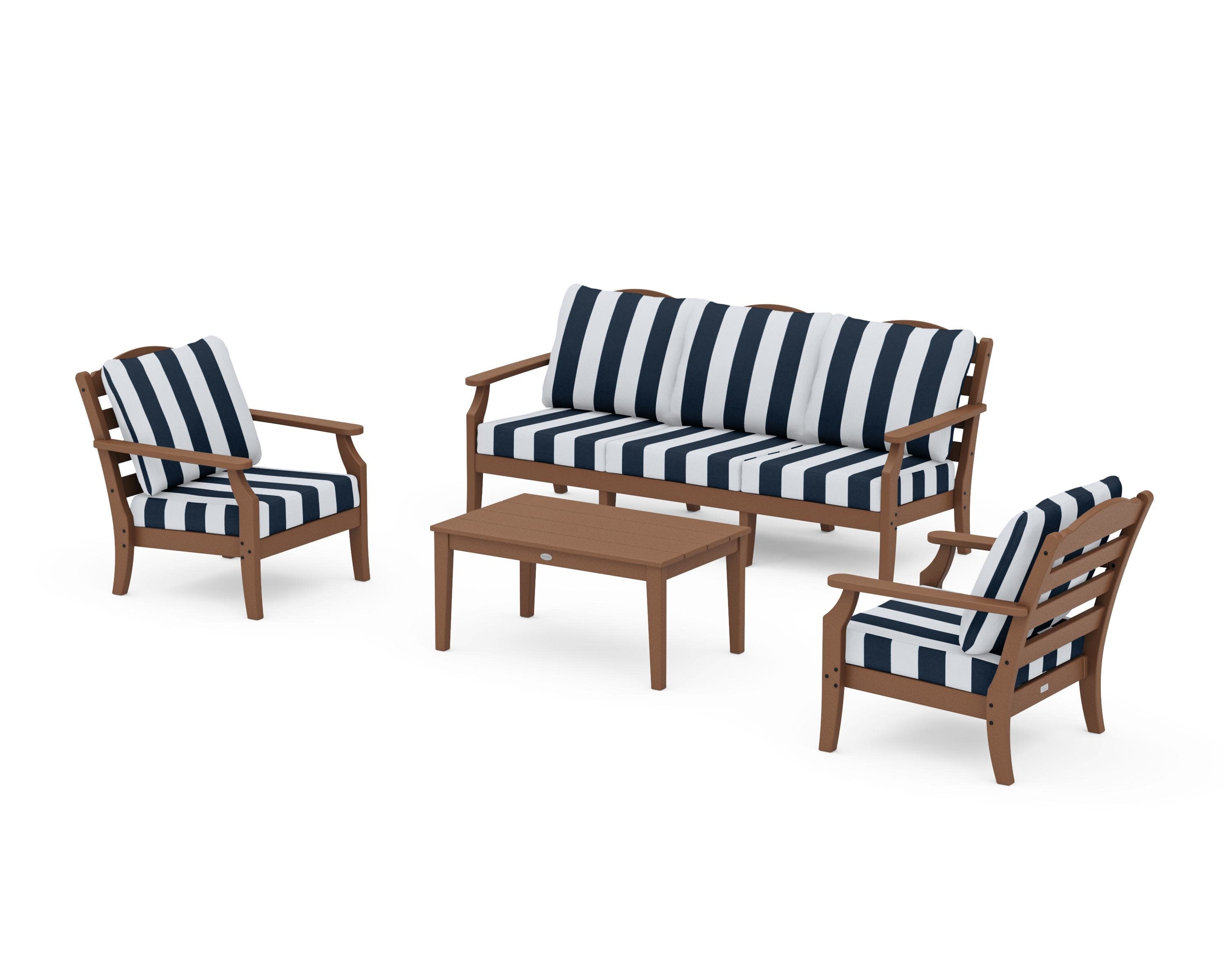 Savannah 4-Piece Deep Seating Set with Sofa in Teak / Cabana Stripe Marine Indigo