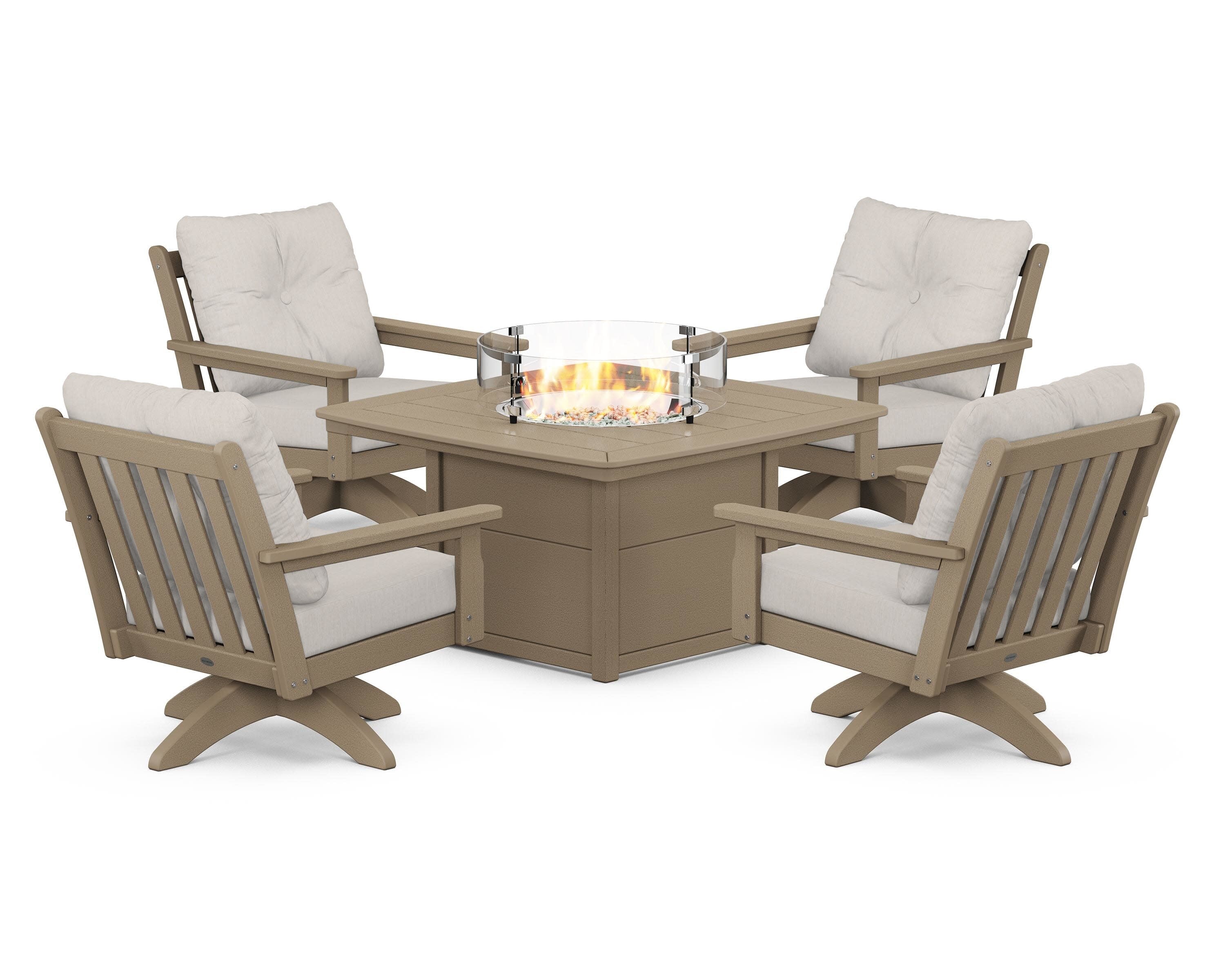Vineyard 5-Piece Deep Seating Swivel Conversation Set with Fire Pit Table in Vintage Sahara / Cast Ash
