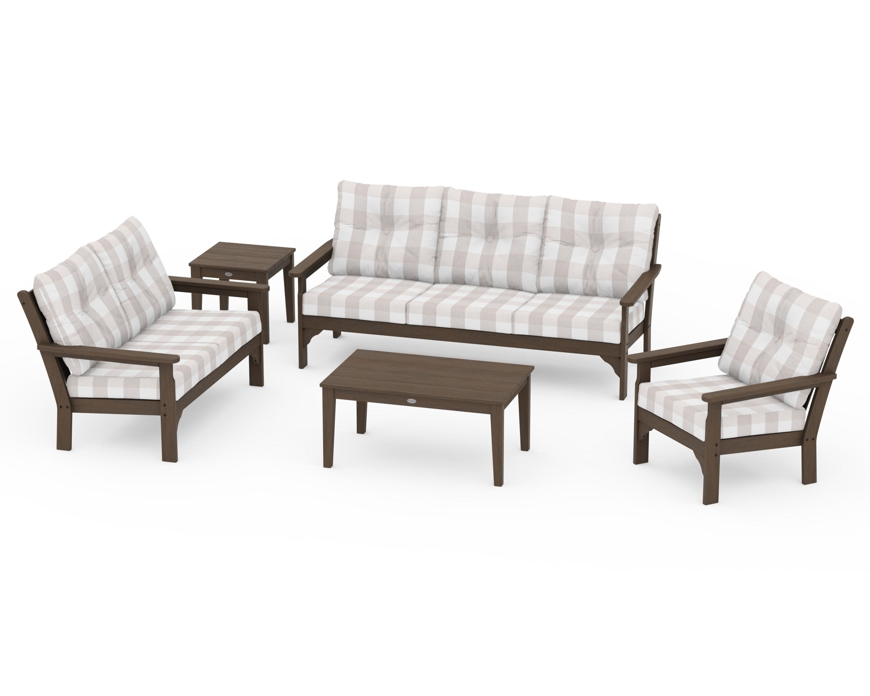 Vineyard 5 Piece Deep Seating Set in Kona / Buffalo Plaid Dune Burlap