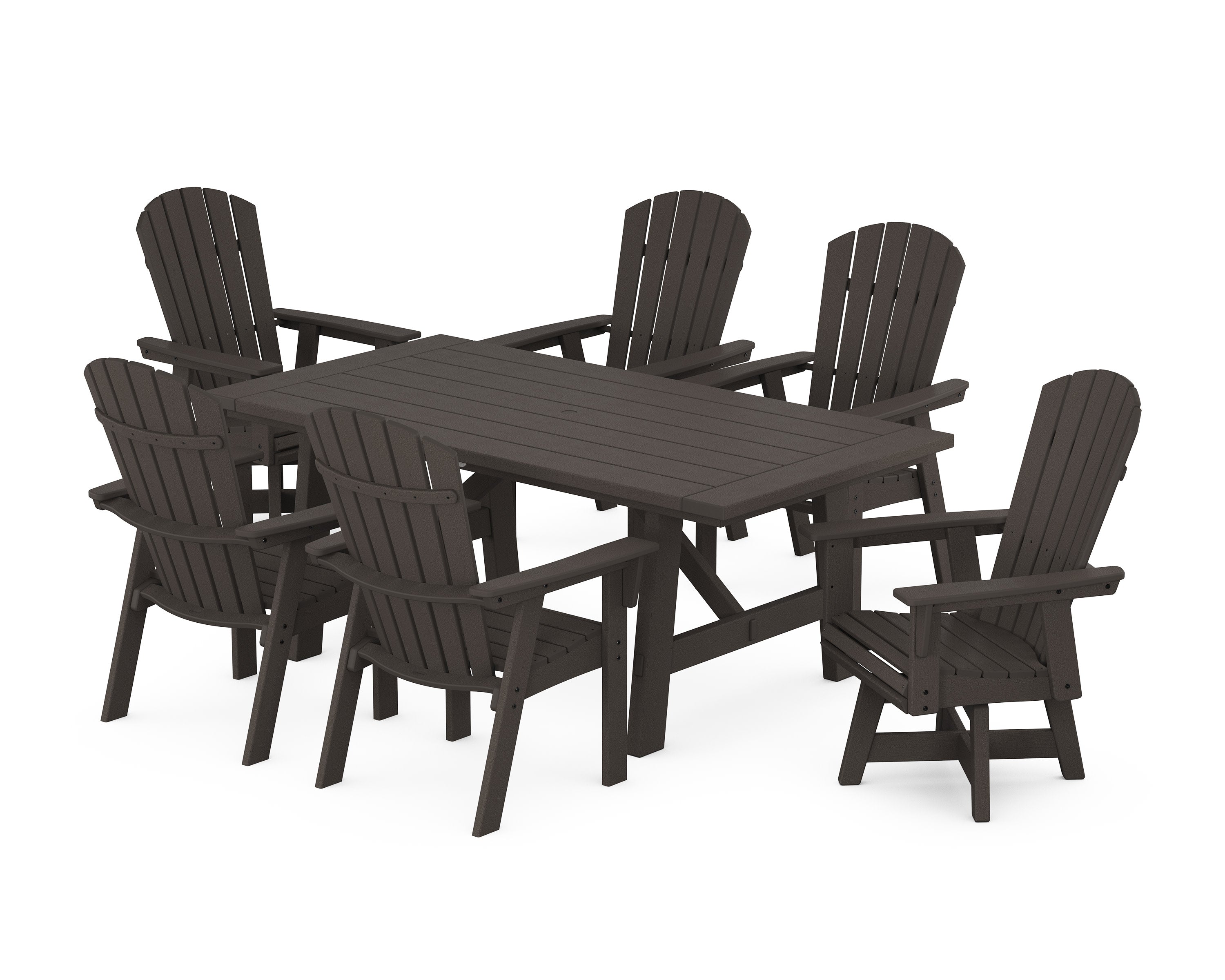 Nautical Curveback Adirondack Swivel Chair 7-Piece Rustic Farmhouse Dining Set in Vintage Coffee