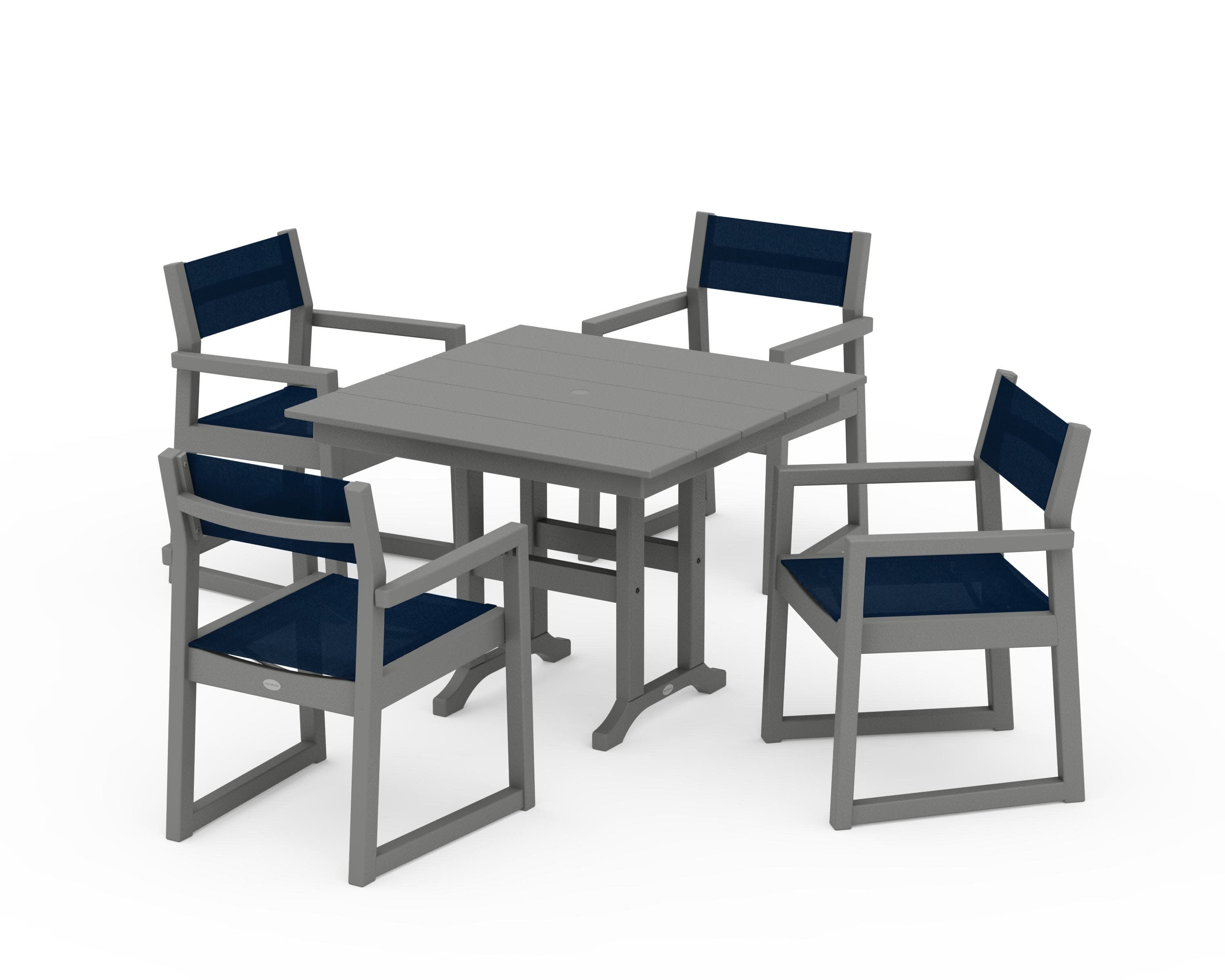 EDGE Sling Arm Chair 5-Piece Farmhouse Dining Set in Slate Grey / Navy Blue Sling