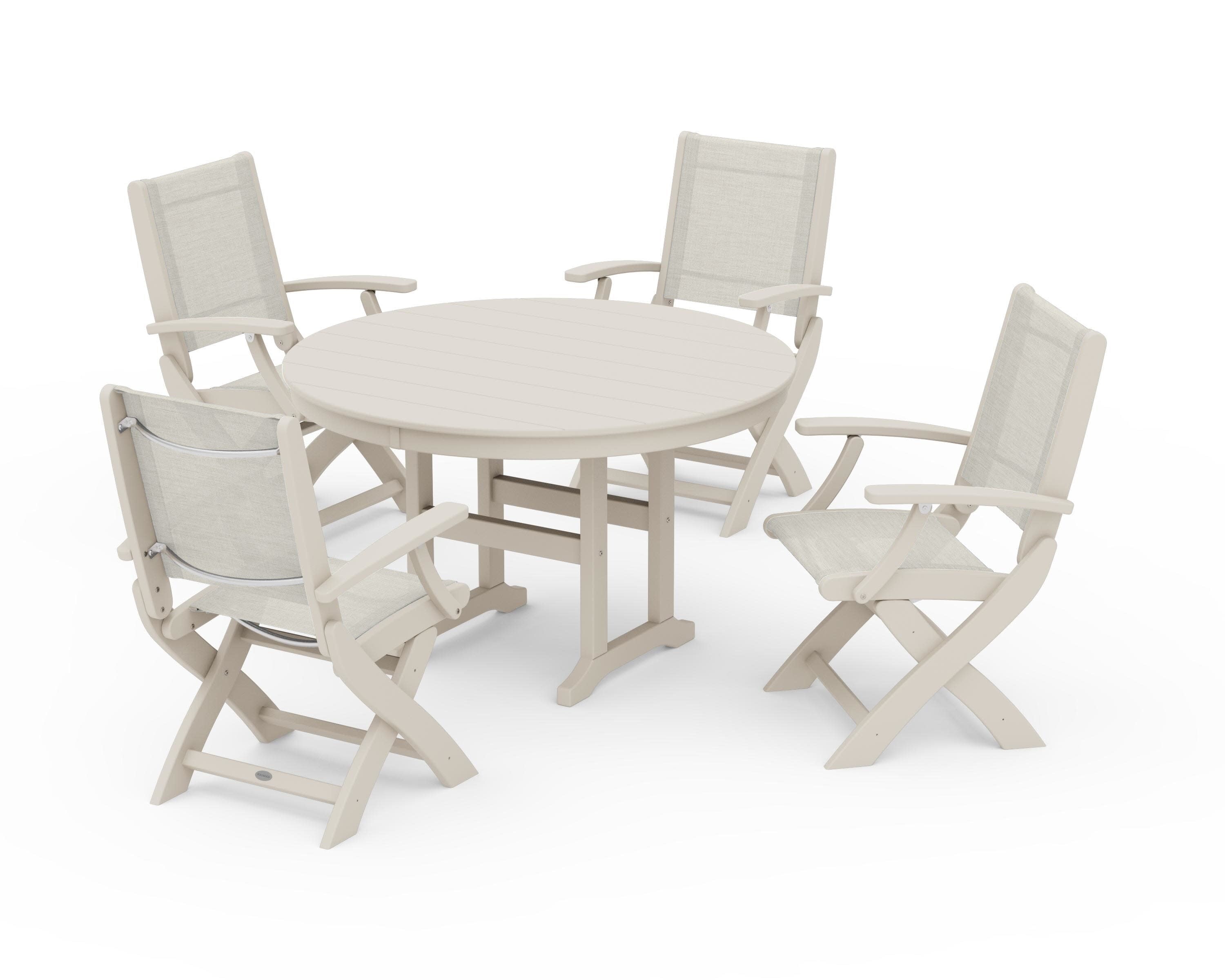 Coastal Folding Chair 5-Piece Round Dining Set in Sand / Parchment Sling