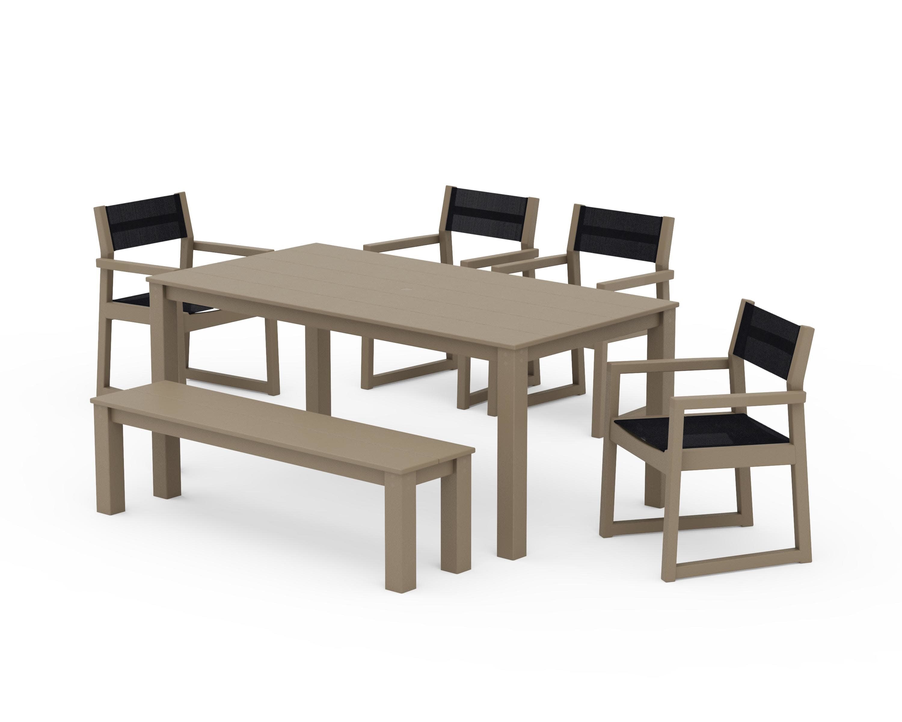 EDGE Sling Arm Chair 6-Piece Parsons Dining Set with Bench in Vintage Sahara / Black Sling