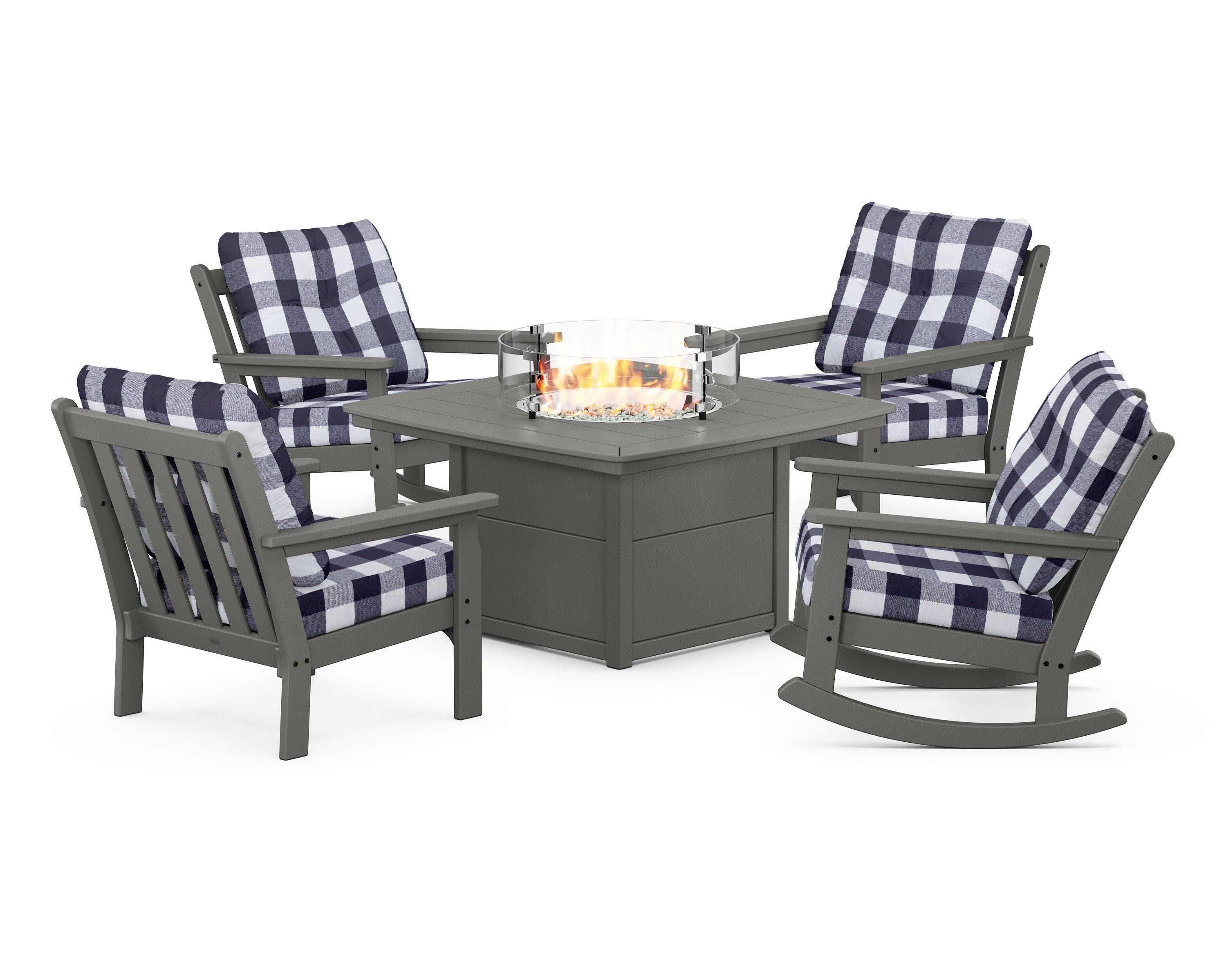 Vineyard 5-Piece Deep Seating Rocking Chair Conversation Set with Fire Pit Table in Slate Grey / Buffalo Plaid Navy