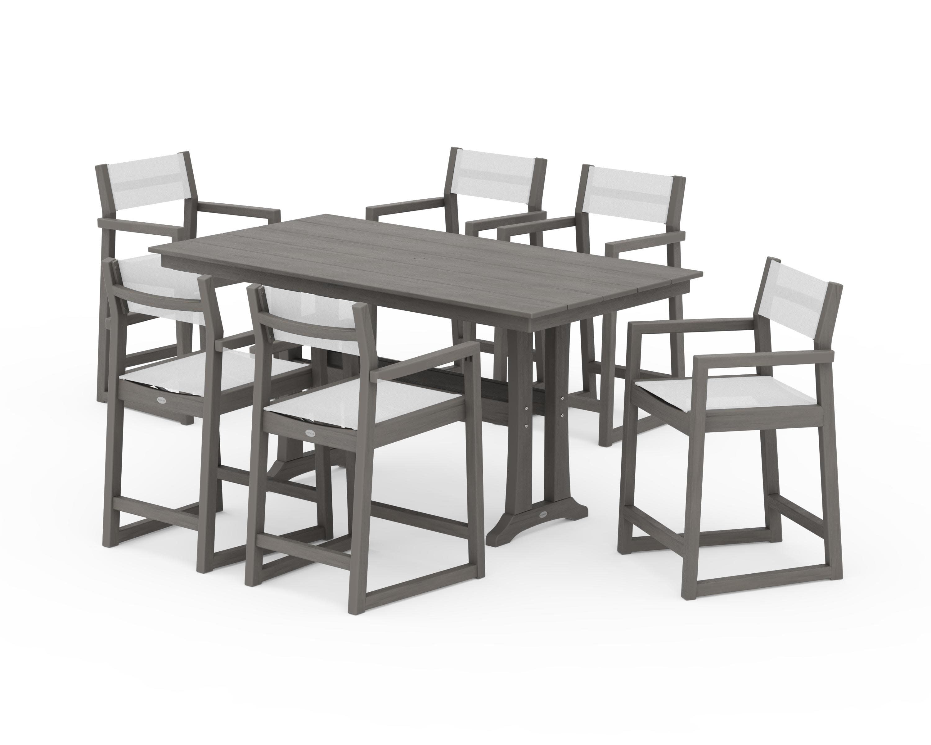 EDGE Sling Arm Chair 7-Piece Farmhouse Counter Set with Trestle Legs in Driftwood / White Sling