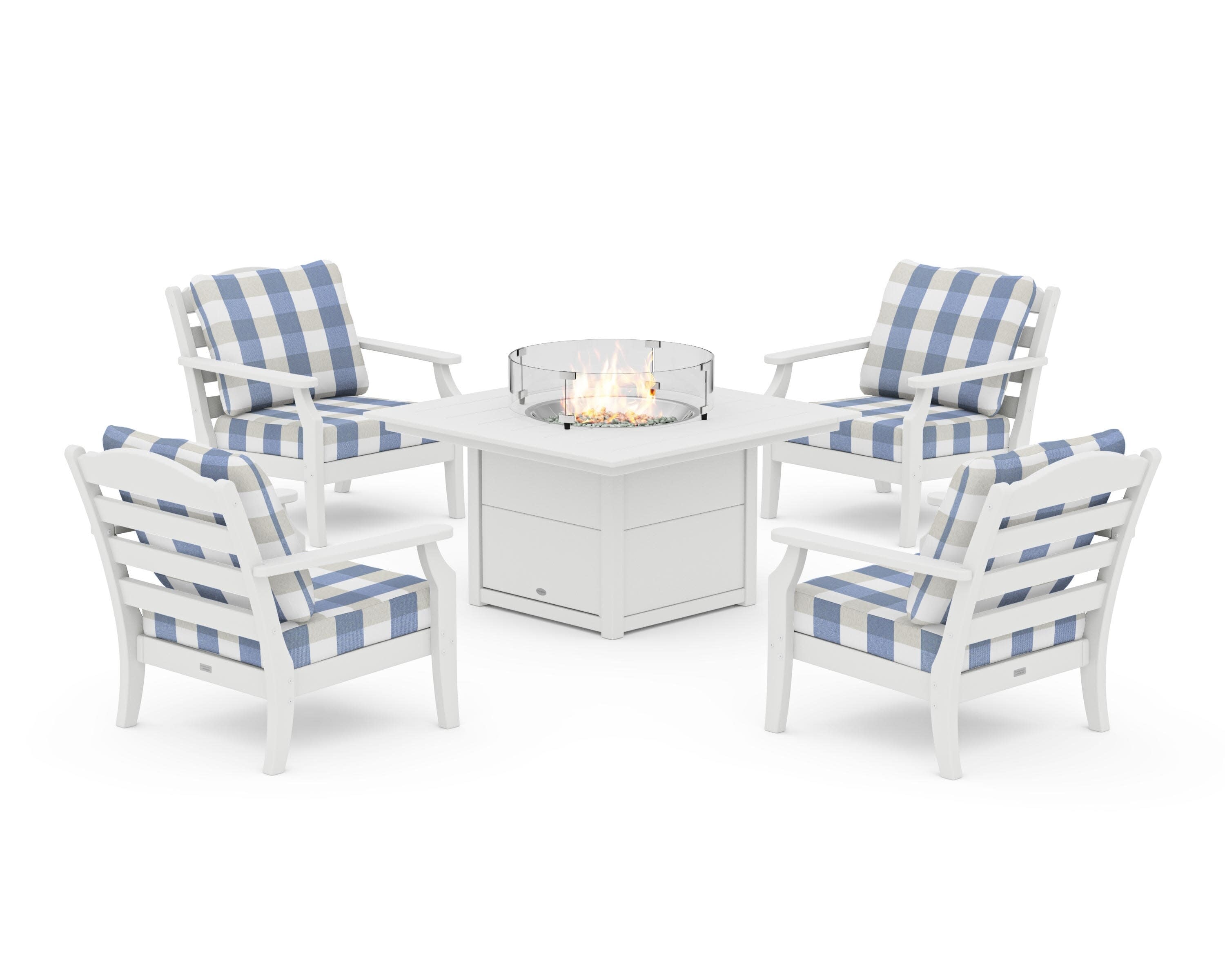 Savannah 5-Piece Deep Seating Set with Fire Pit Table in White / Buffalo Plaid Sky Blue