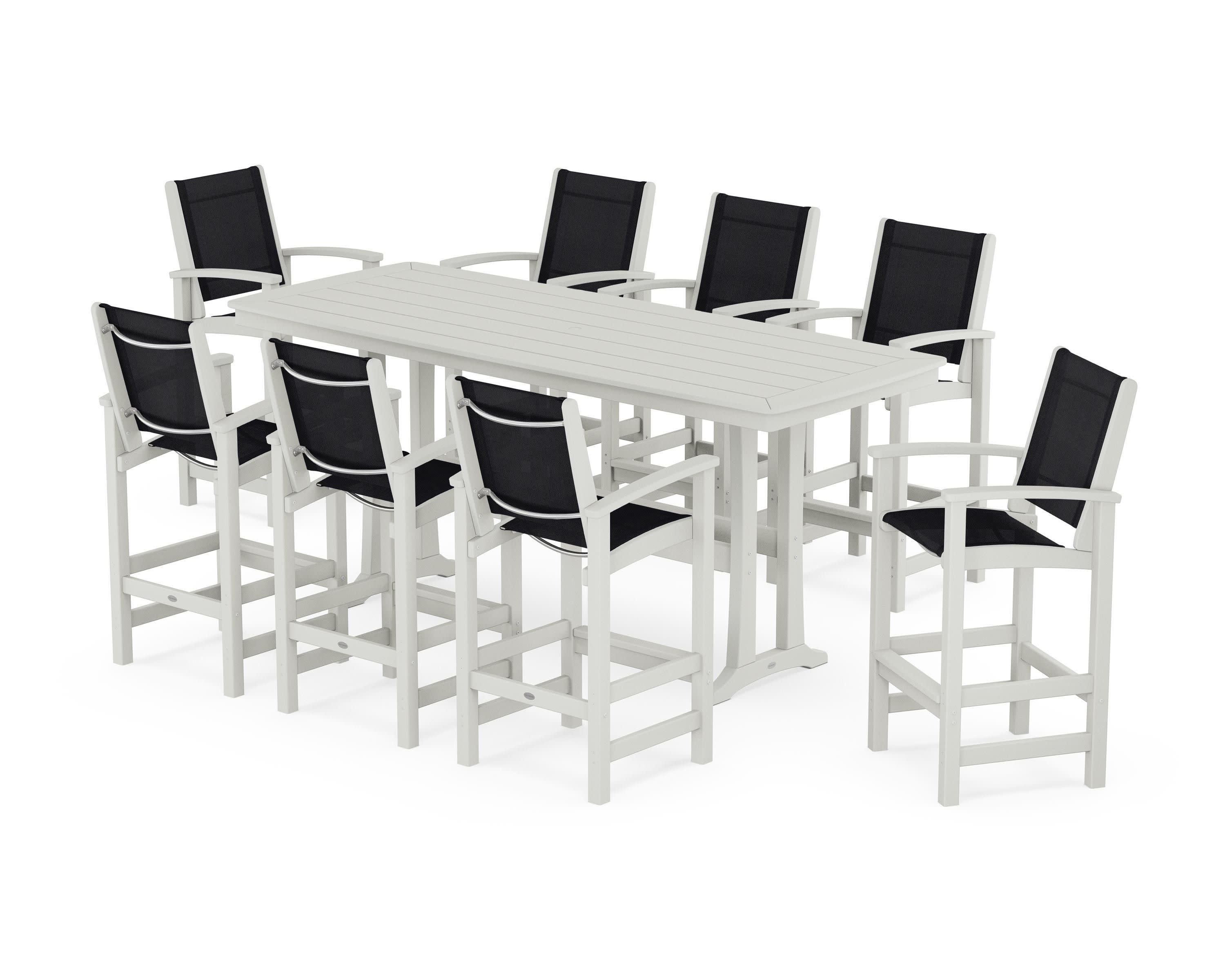 Coastal 9-Piece Bar Set with Trestle Legs in Vintage White / Black Sling