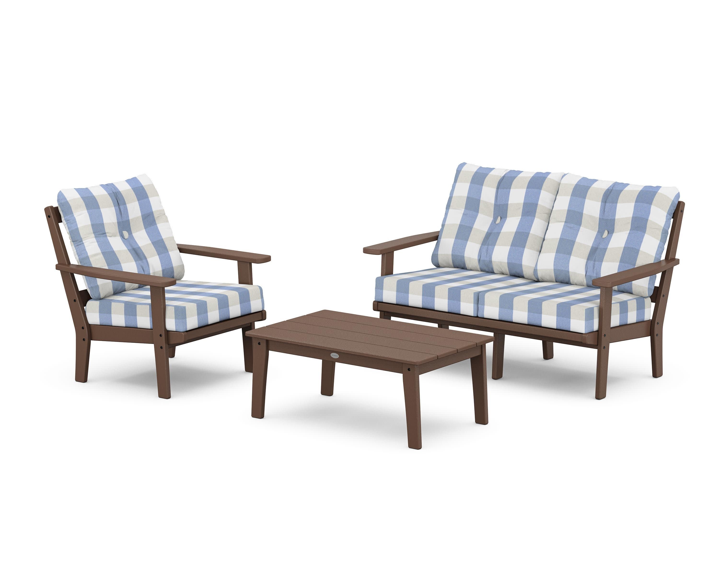 Oxford 3-Piece Deep Seating Set with Loveseat in Mahogany / Buffalo Plaid Sky Blue