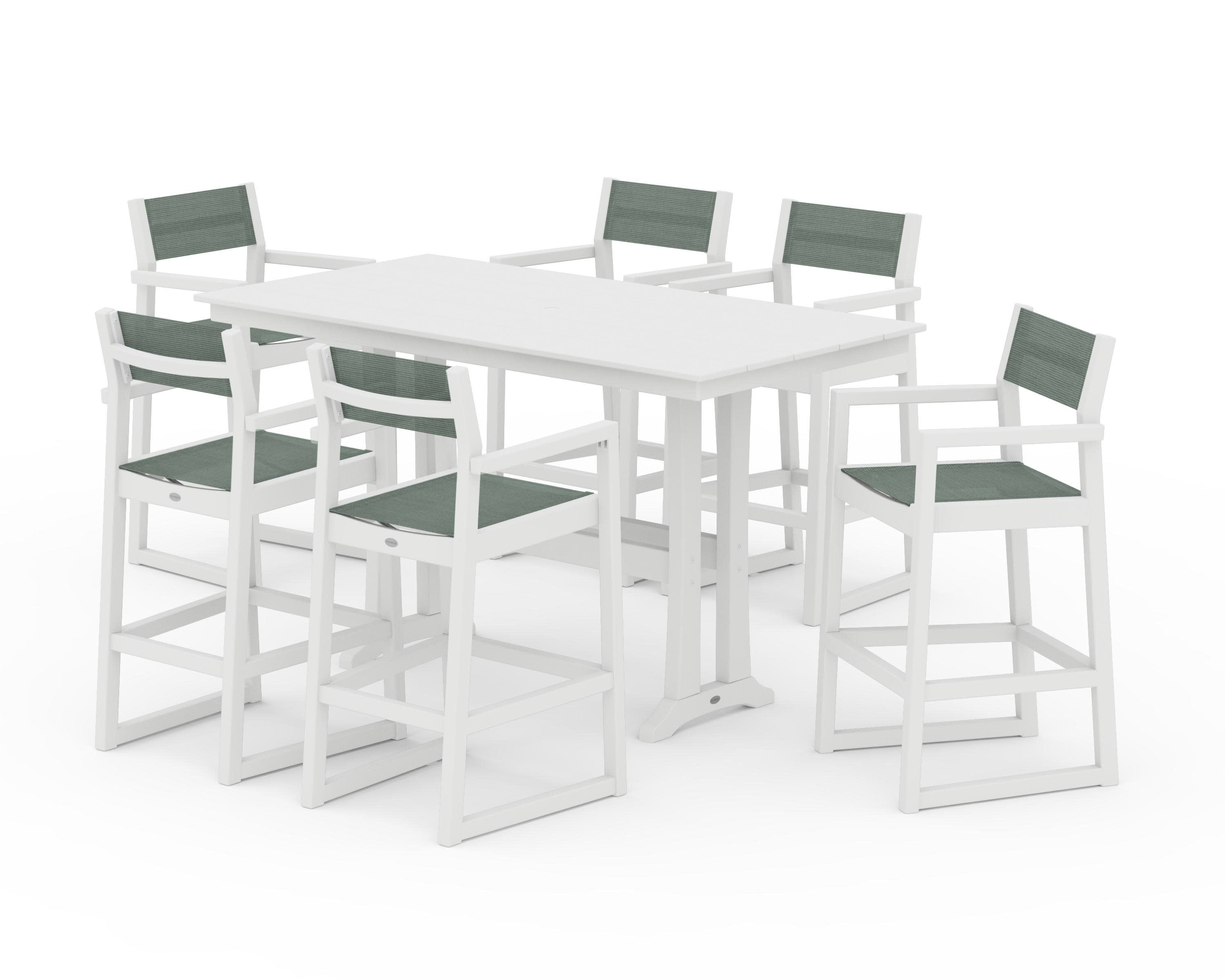 EDGE Sling Arm Chair 7-Piece Farmhouse Bar Set with Trestle Legs in White / Dupioni Sea Mist Sling