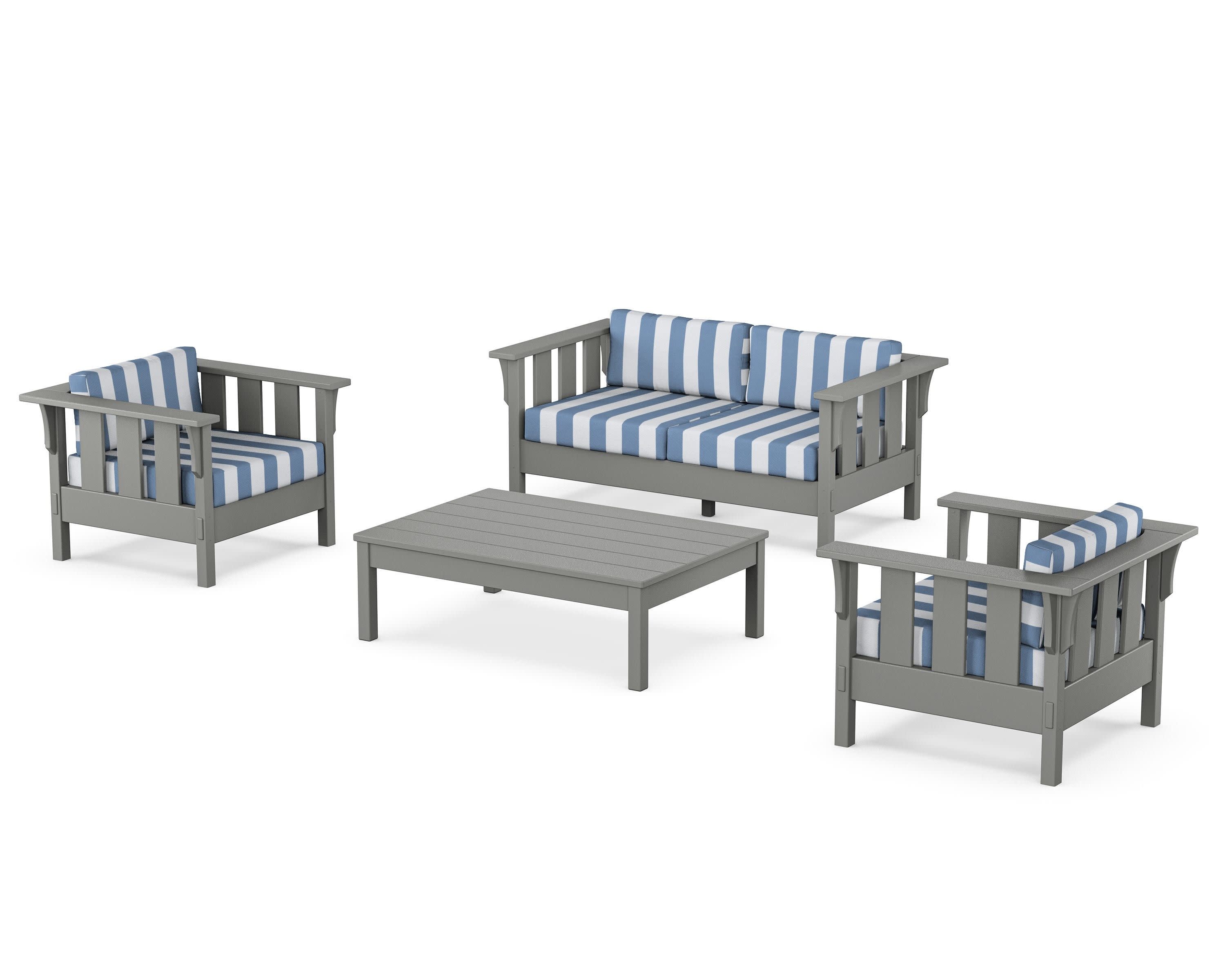 Acadia 4-Piece Deep Seating Set with Loveseat in Slate Grey / Cabana Stripe Sky Blue