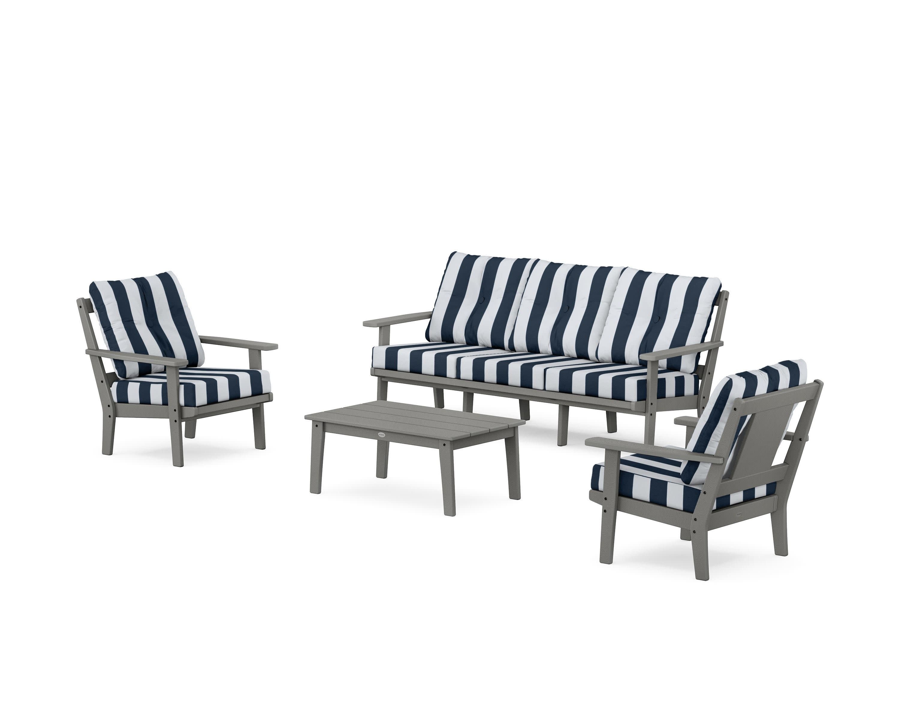 Prairie 4-Piece Deep Seating Set with Sofa in Slate Grey / Cabana Stripe Marine Indigo