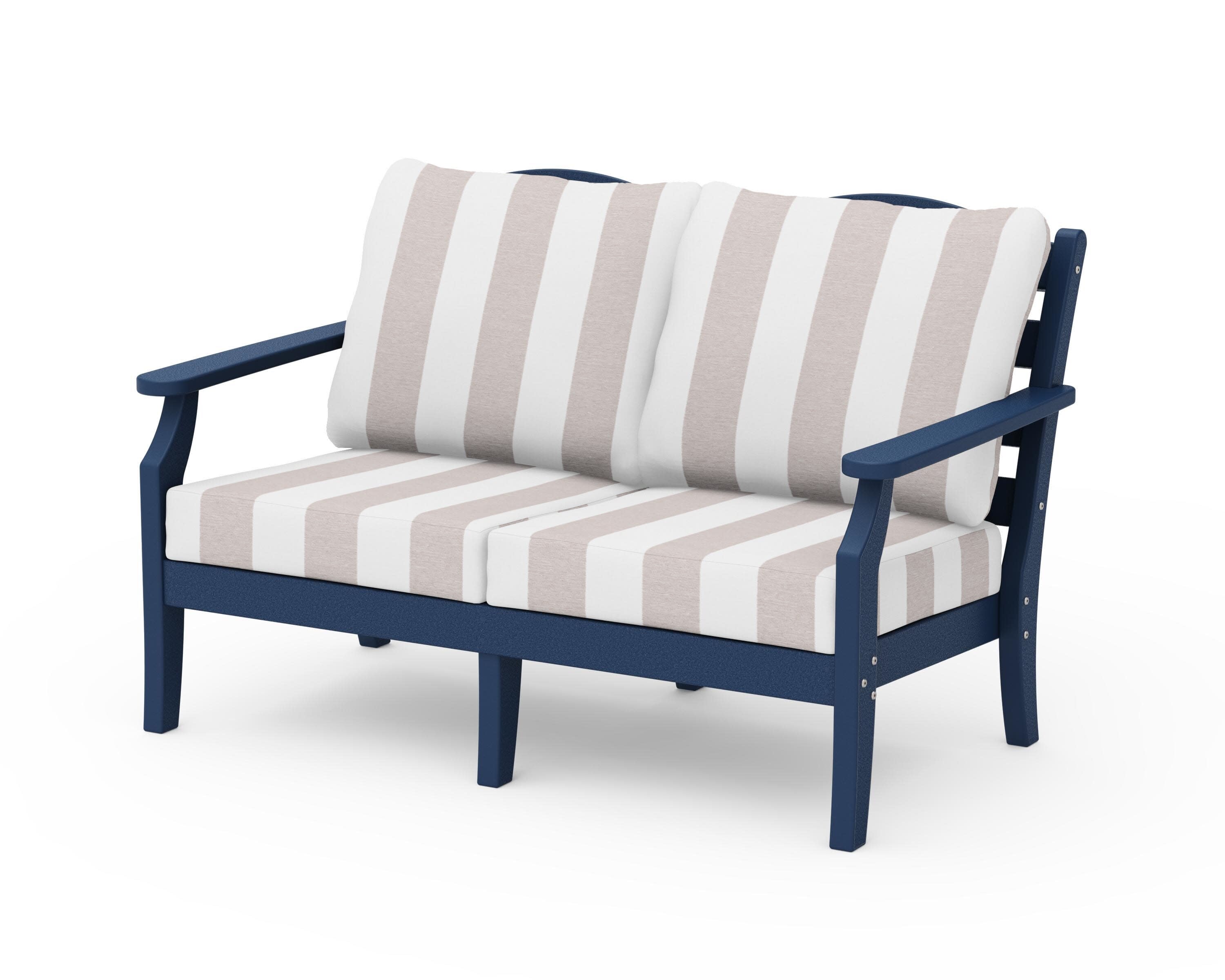 Savannah Deep Seating Loveseat in Navy / Cabana Stripe Dune Burlap