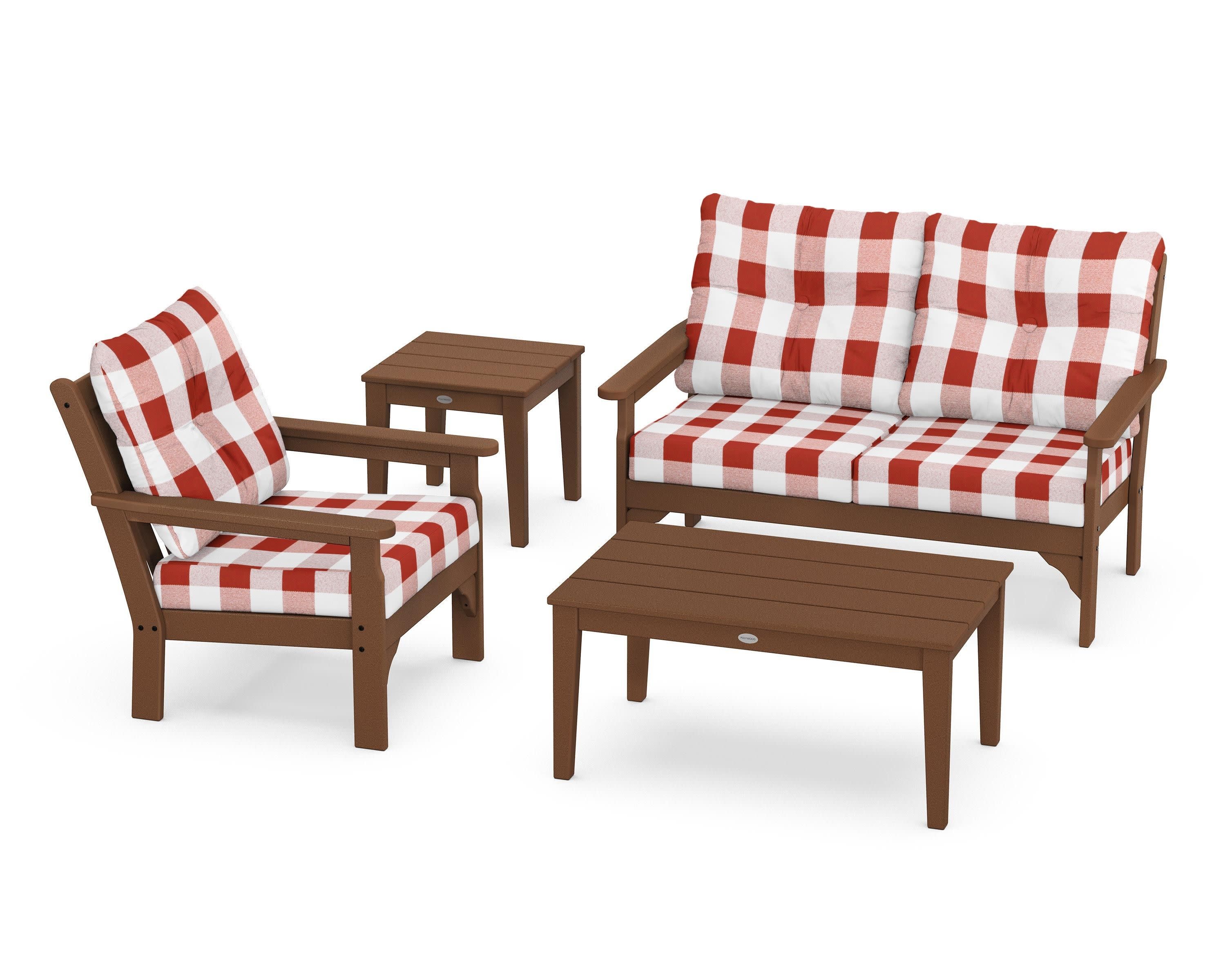 Vineyard 4-Piece Deep Seating Set in Teak / Buffalo Plaid Crimson