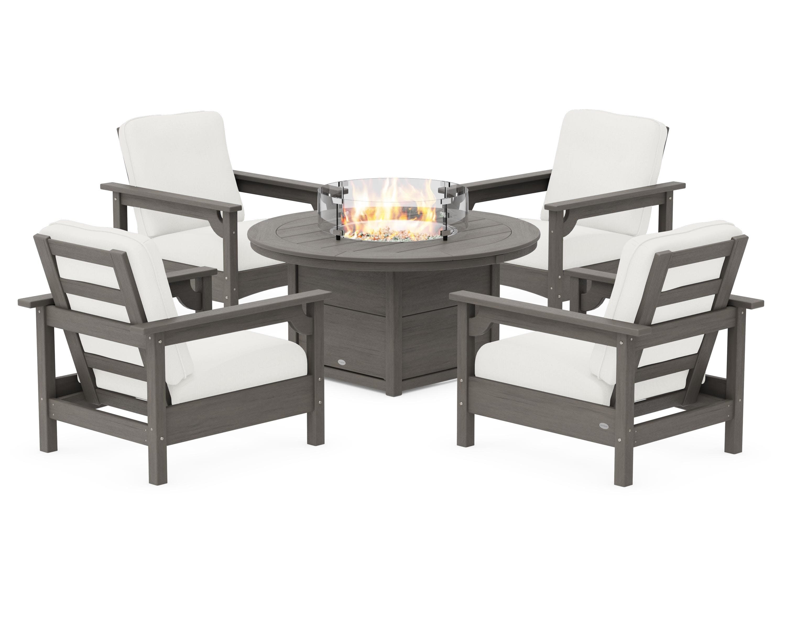 Club 5-Piece Conversation Set with Fire Pit Table in Driftwood / Natural Linen