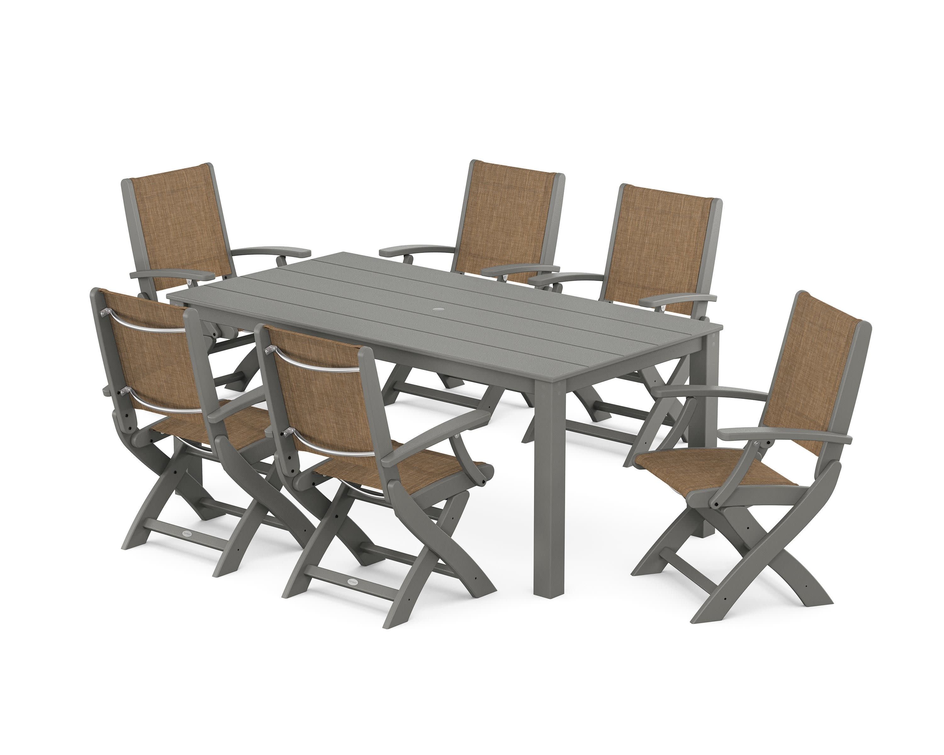 Coastal Folding Chair 7-Piece Parsons Dining Set in Slate Grey / Burlap Sling