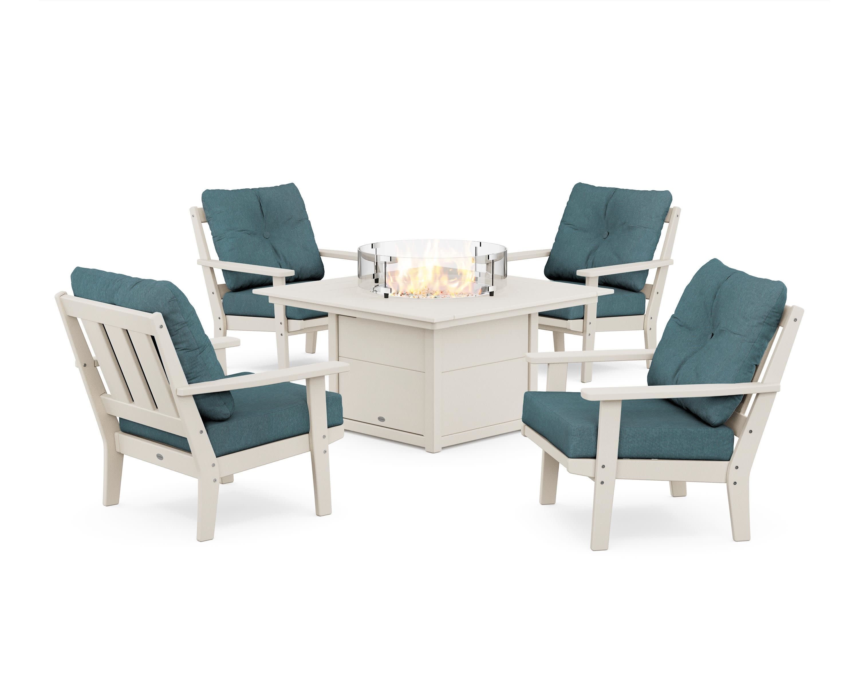 Oxford 5-Piece Deep Seating Set with Fire Pit Table in Sand / Ocean Teal