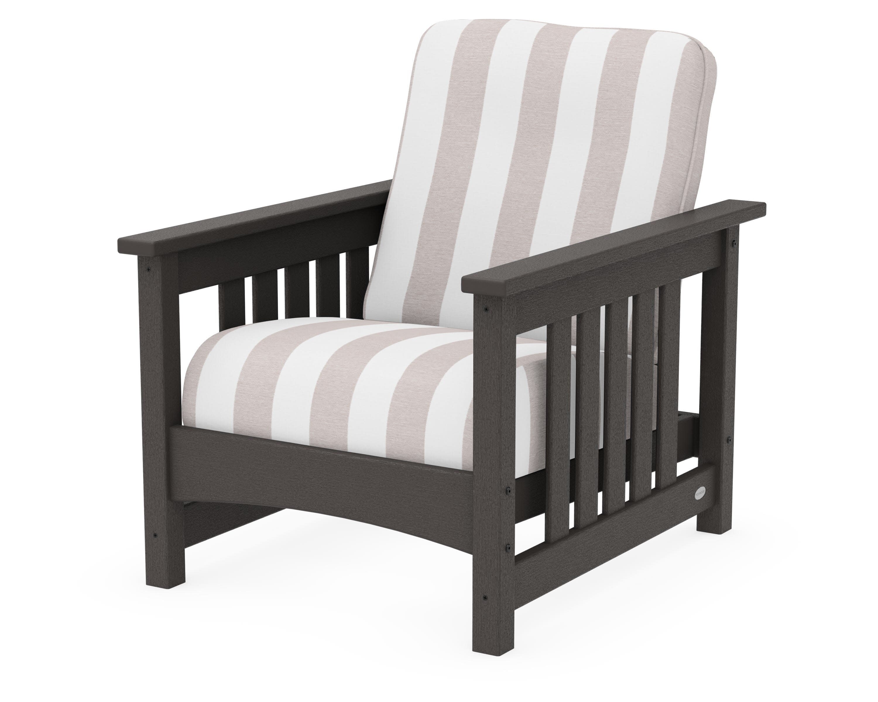Club Mission Chair in Vintage Coffee / Cabana Stripe Dune Burlap