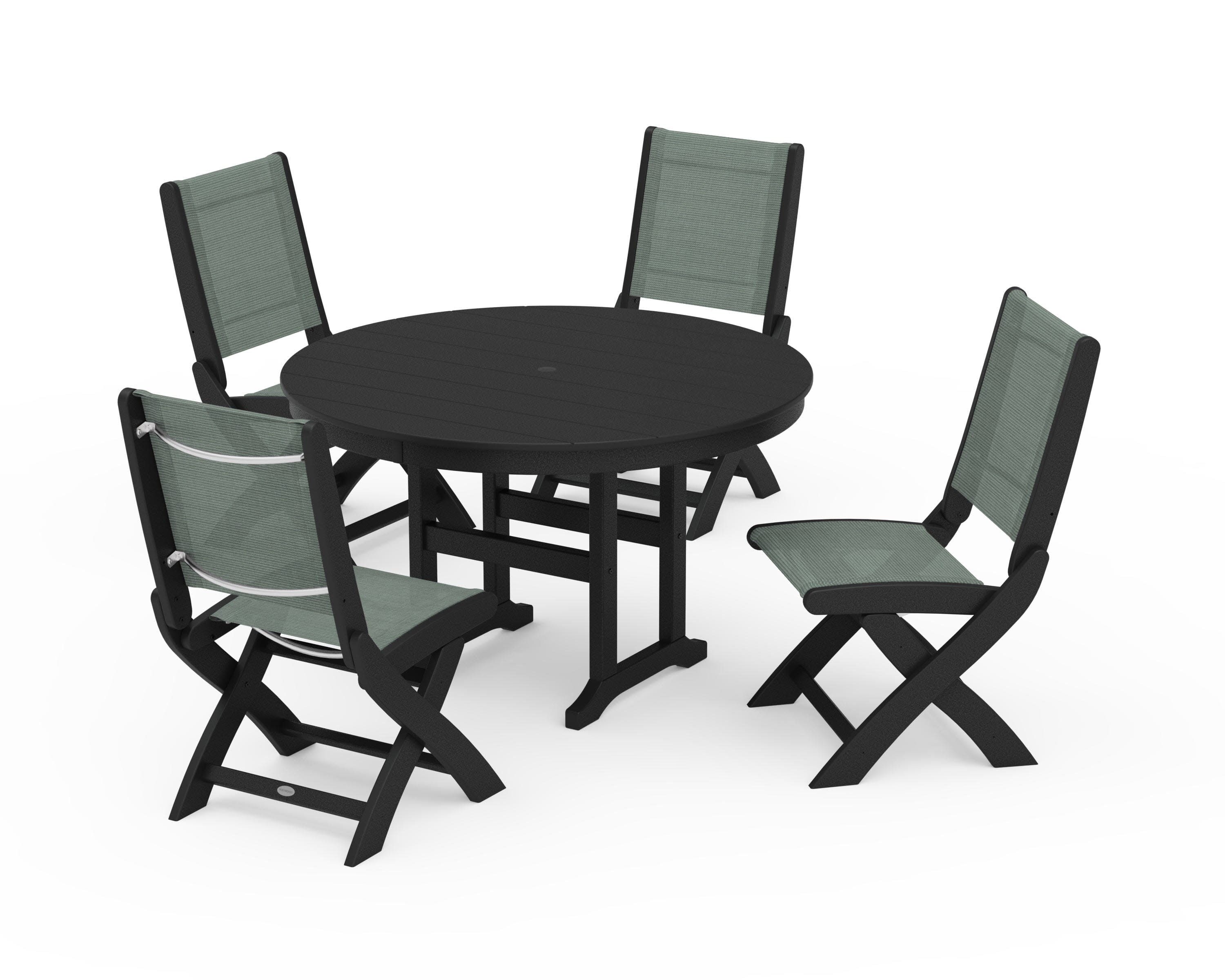 Coastal Folding Side Chair 5-Piece Round Dining Set in Black / Dupioni Sea Mist Sling