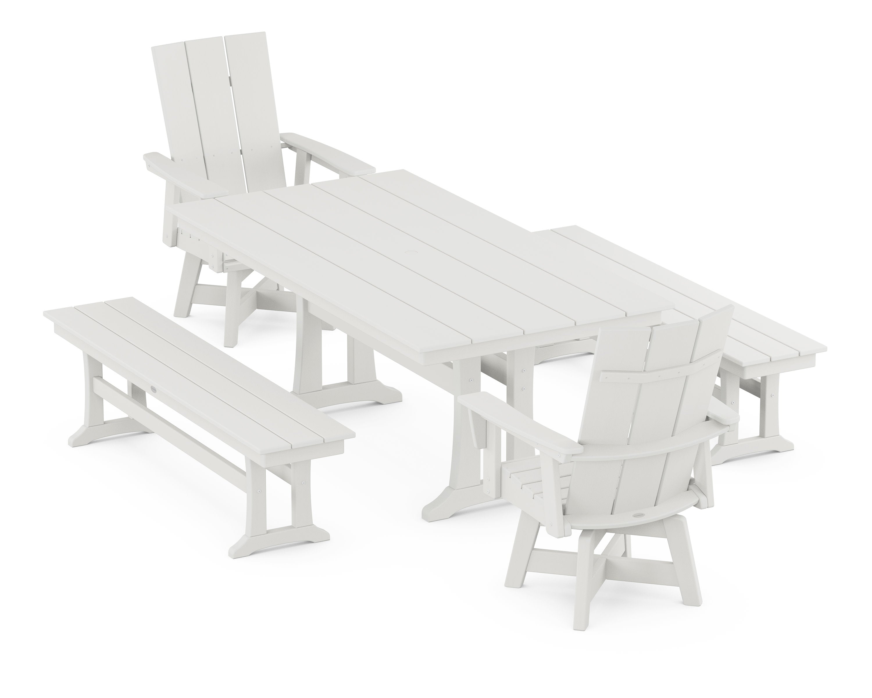 Modern Curveback Adirondack Swivel Chair 5-Piece Farmhouse Dining Set With Trestle Legs and Benches in Vintage White