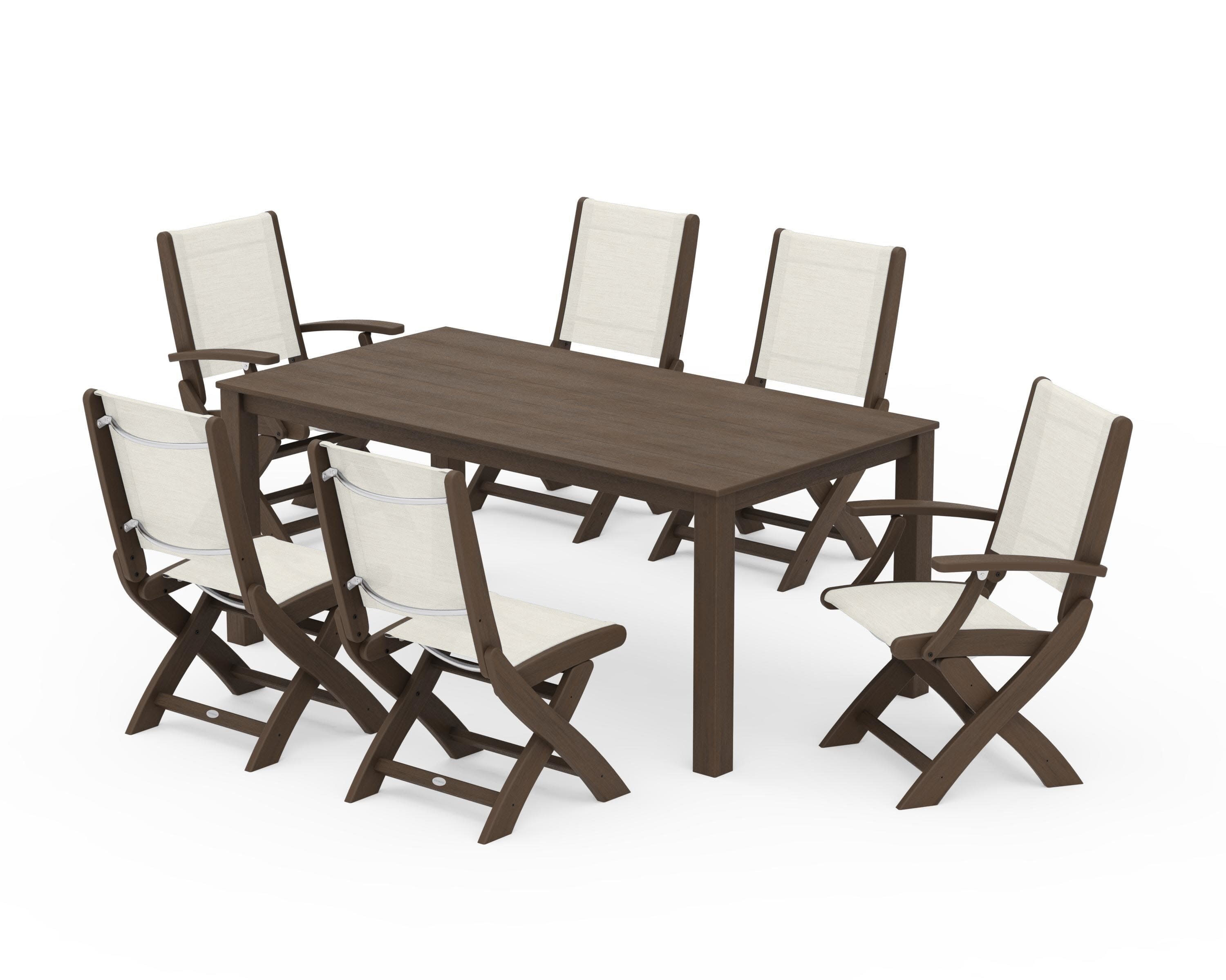 Coastal Folding Chair 7-Piece Parsons Dining Set in Kona / Parchment Sling