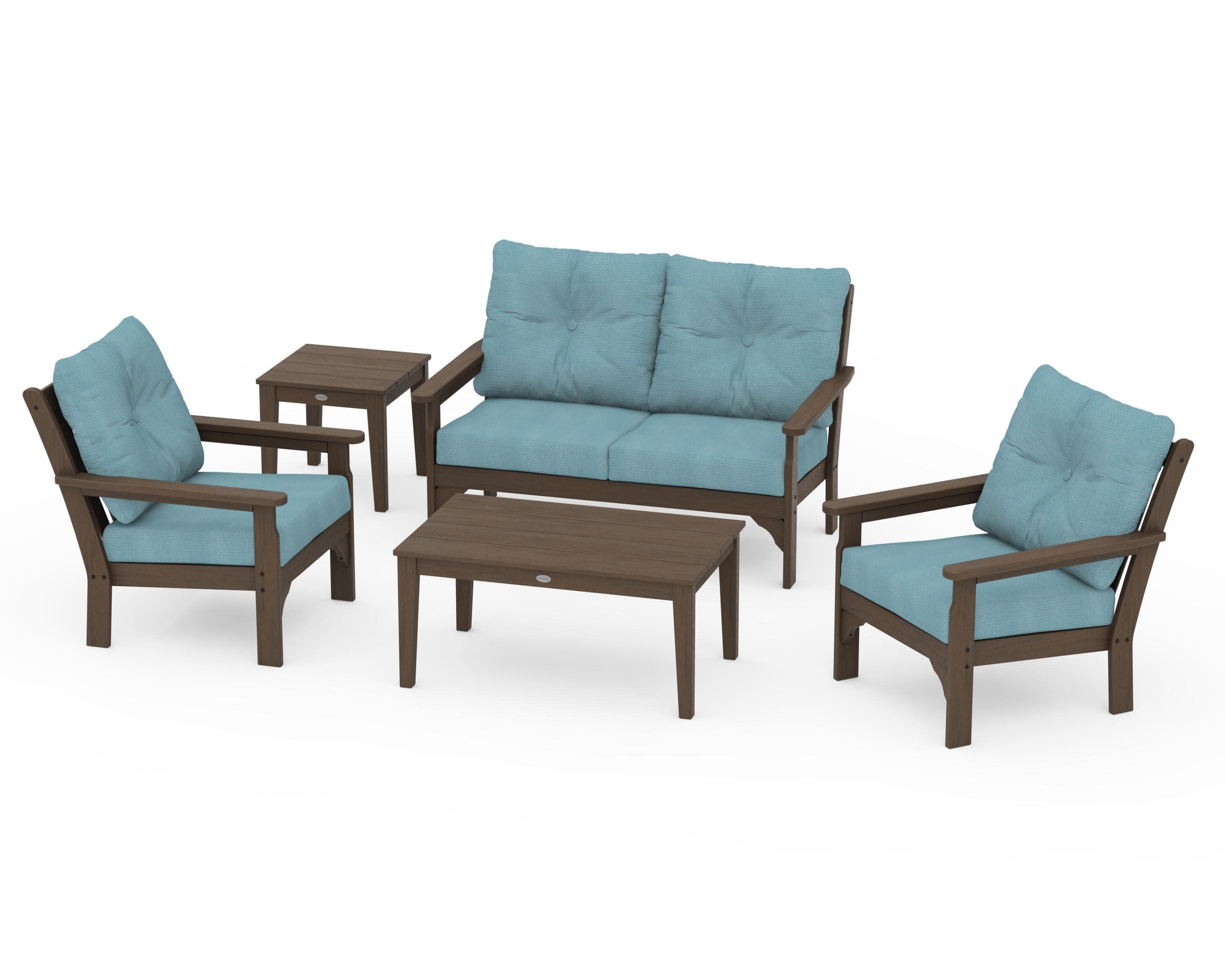 Vineyard 5-Piece Deep Seating Set in Kona / Lattice Sky Blue