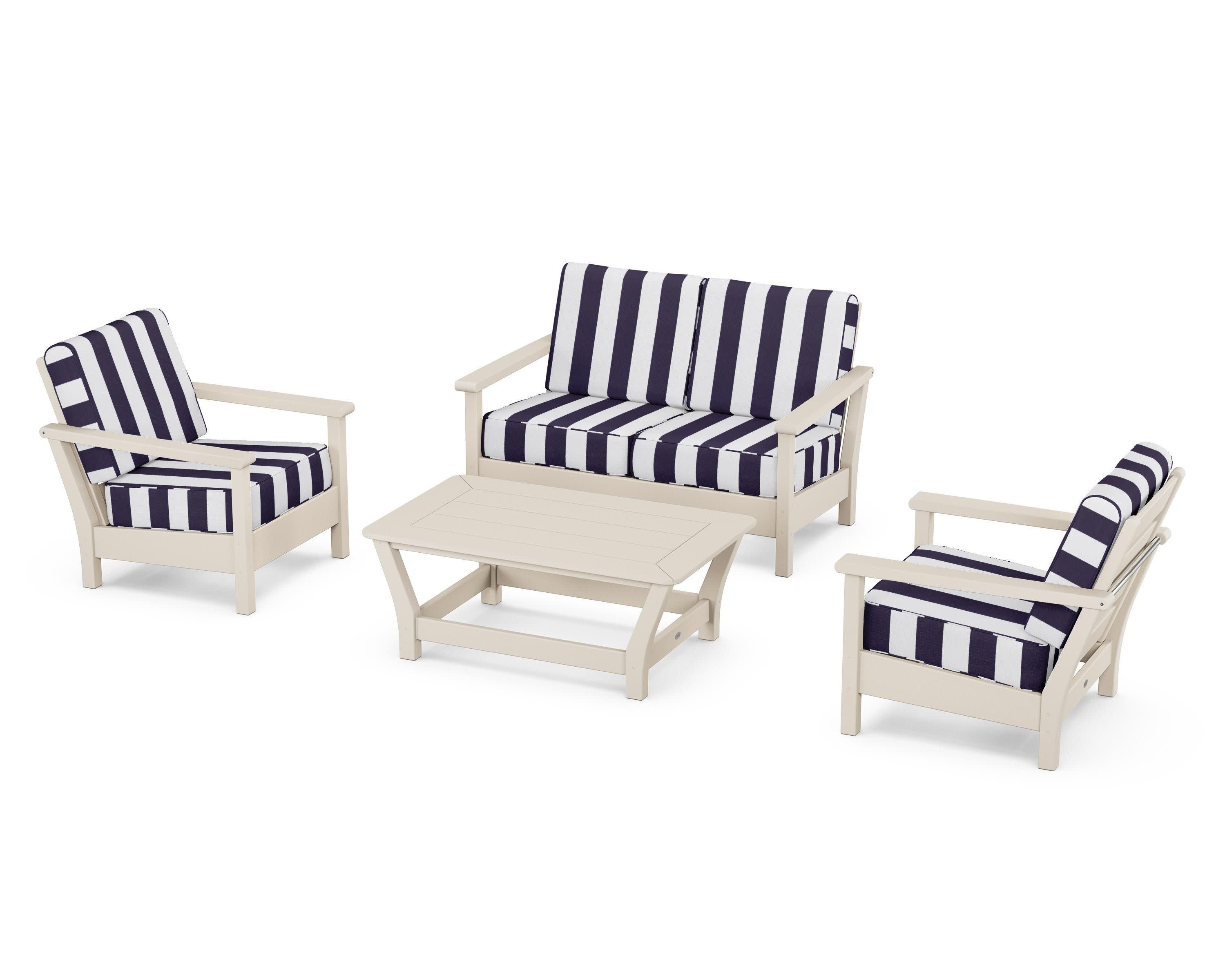 Harbour 4-Piece Deep Seating Set in Sand / Cabana Stripe Navy