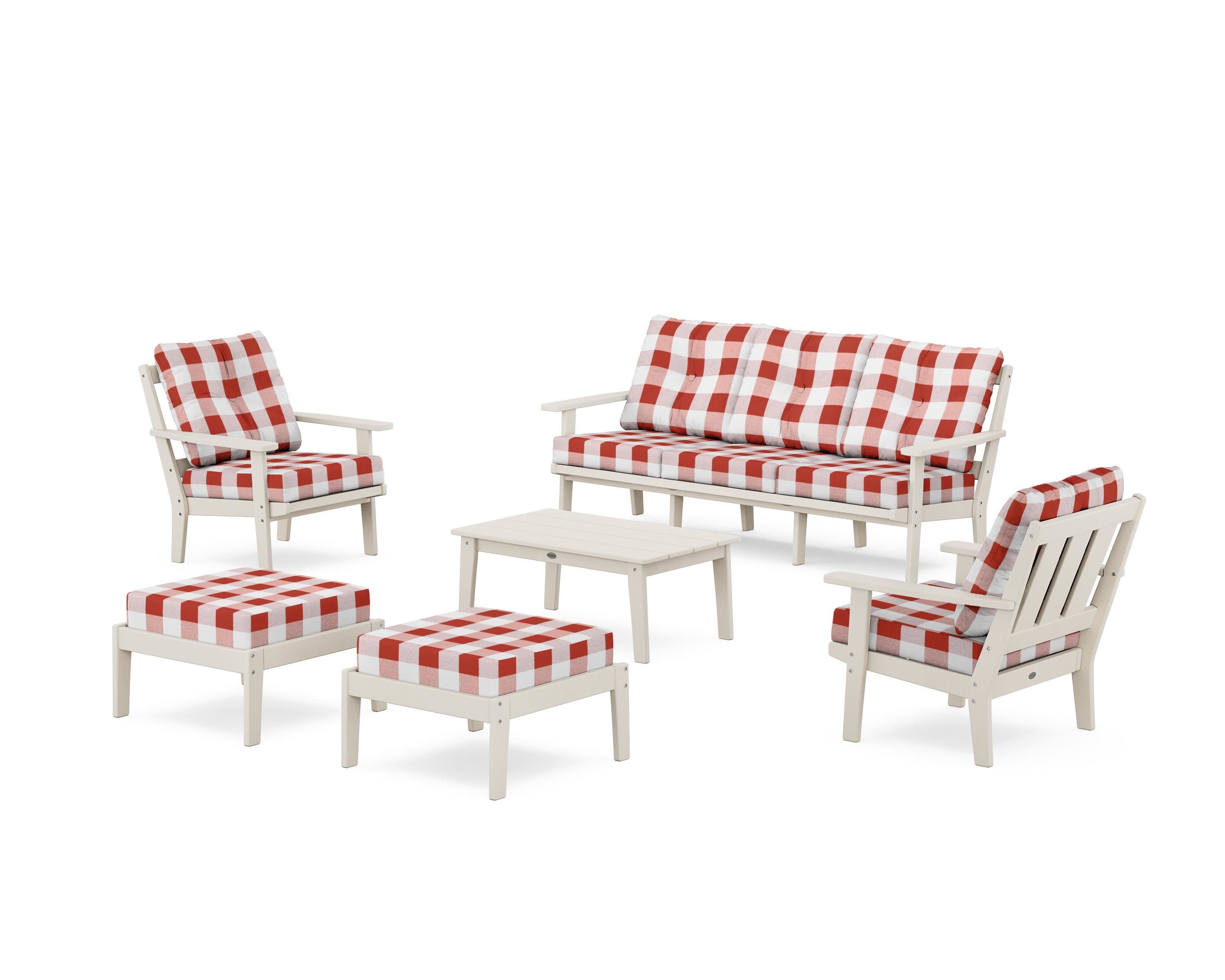 Oxford 6-Piece Lounge Sofa Set in Sand / Buffalo Plaid Crimson