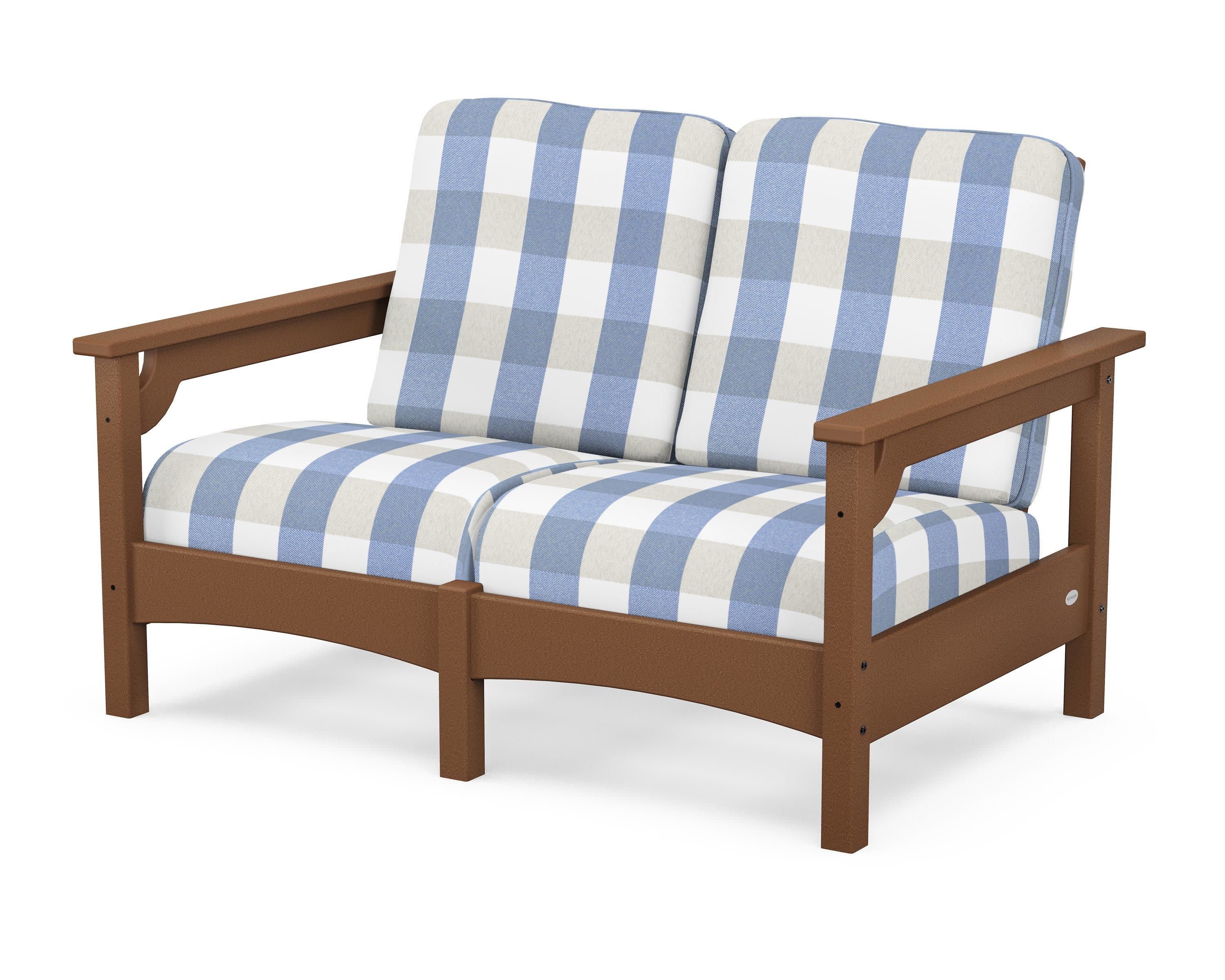 Club Loveseat in Teak / Buffalo Plaid Sky Blue