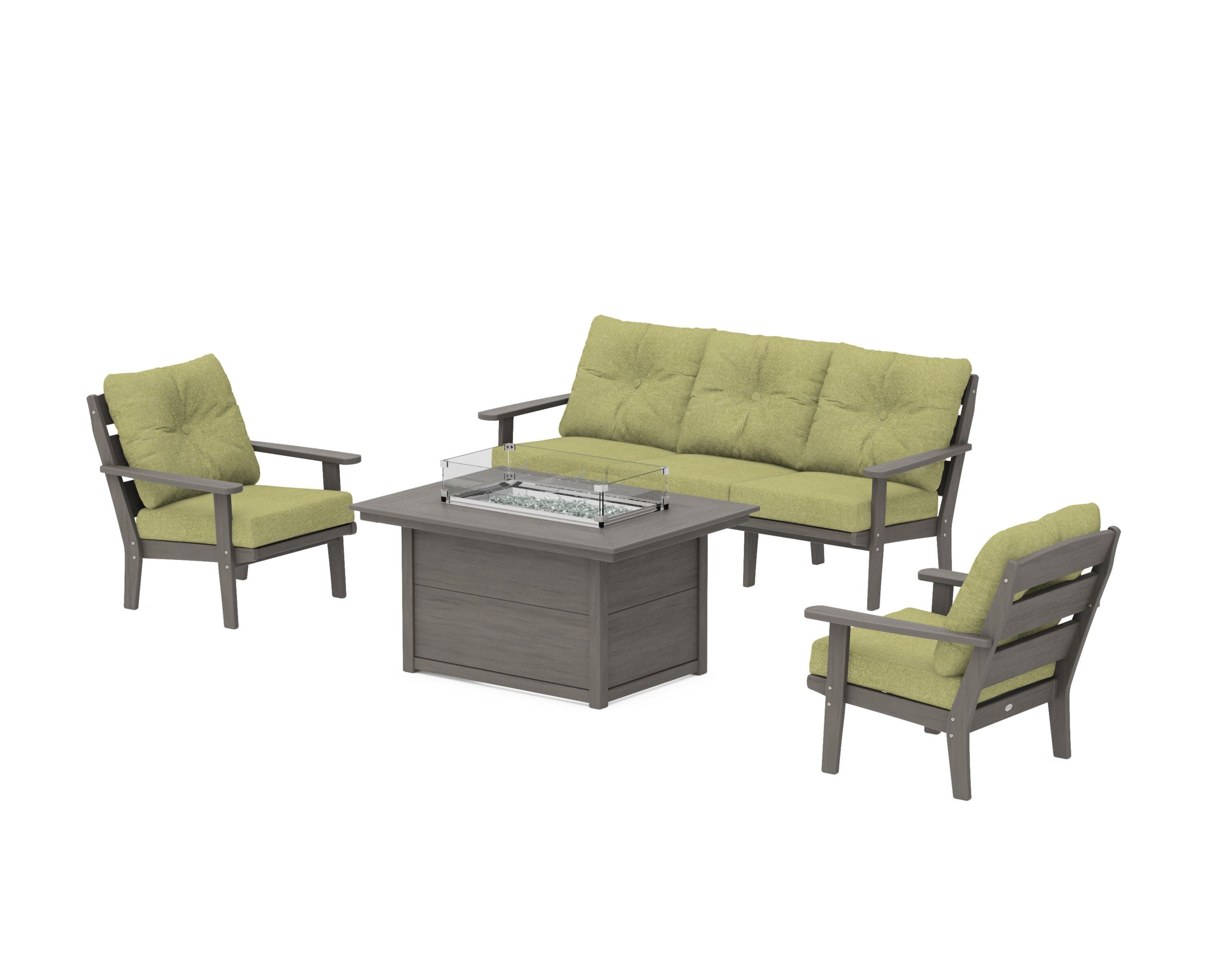 Lakeside Deep Seating Fire Pit Table Set in Driftwood / Chartreuse Boucle