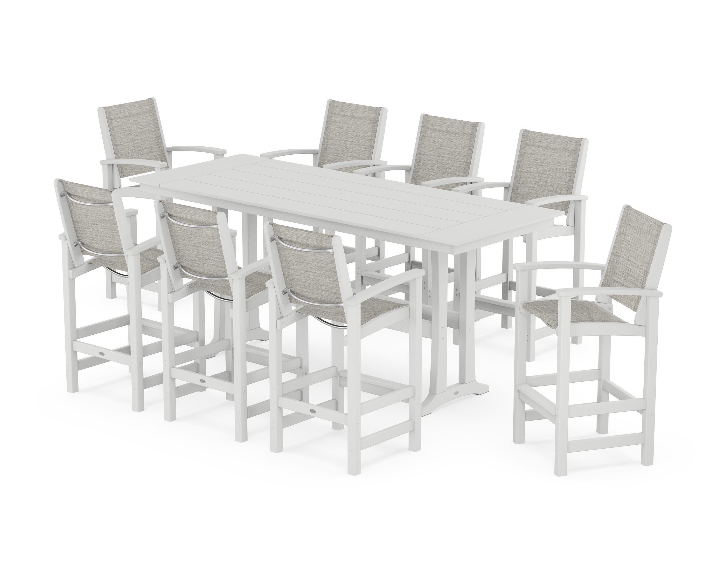 Coastal 9-Piece Farmhouse Bar Set with Trestle Legs in White / Birch Sling