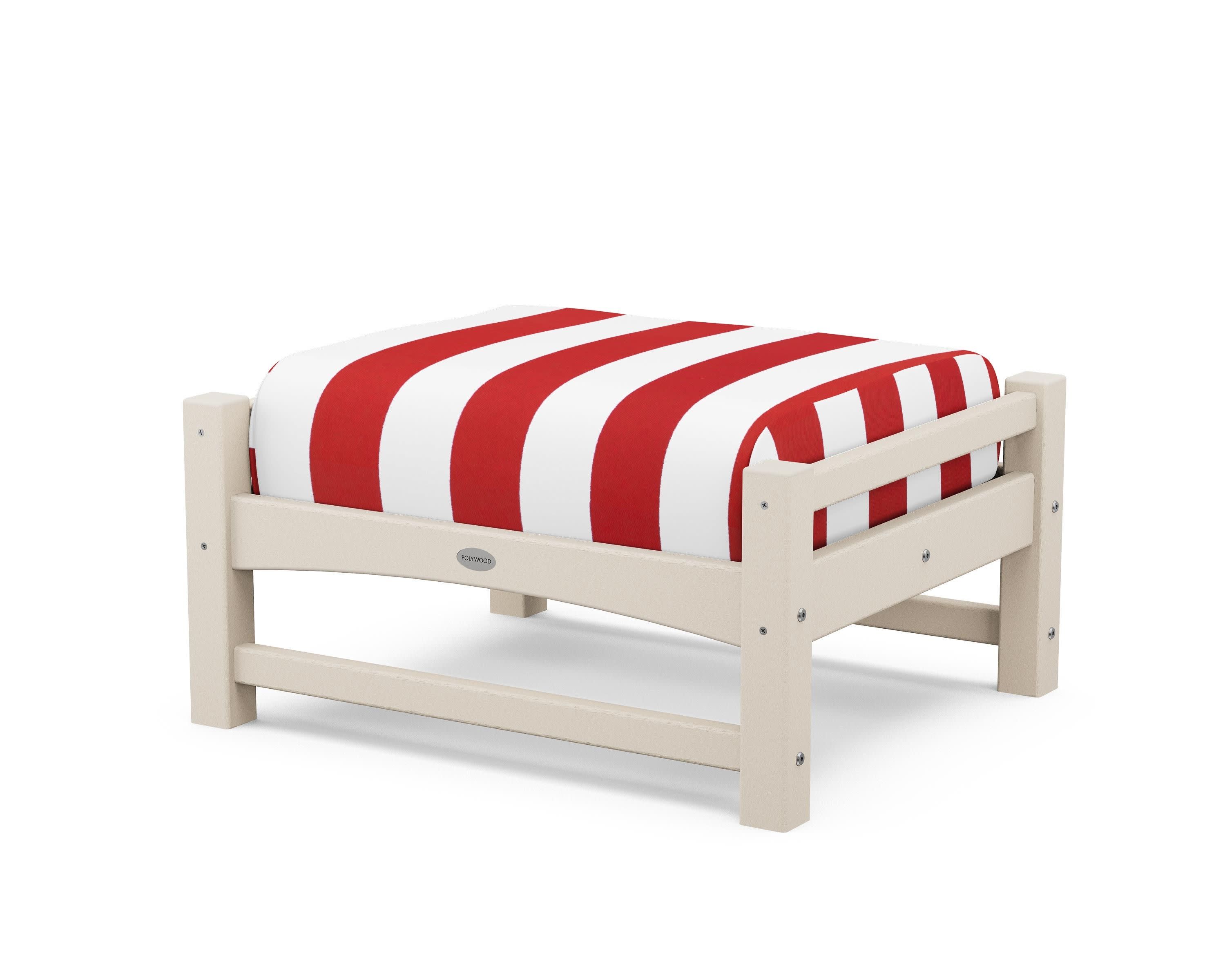 Club Ottoman in Sand / Cabana Stripe Crimson