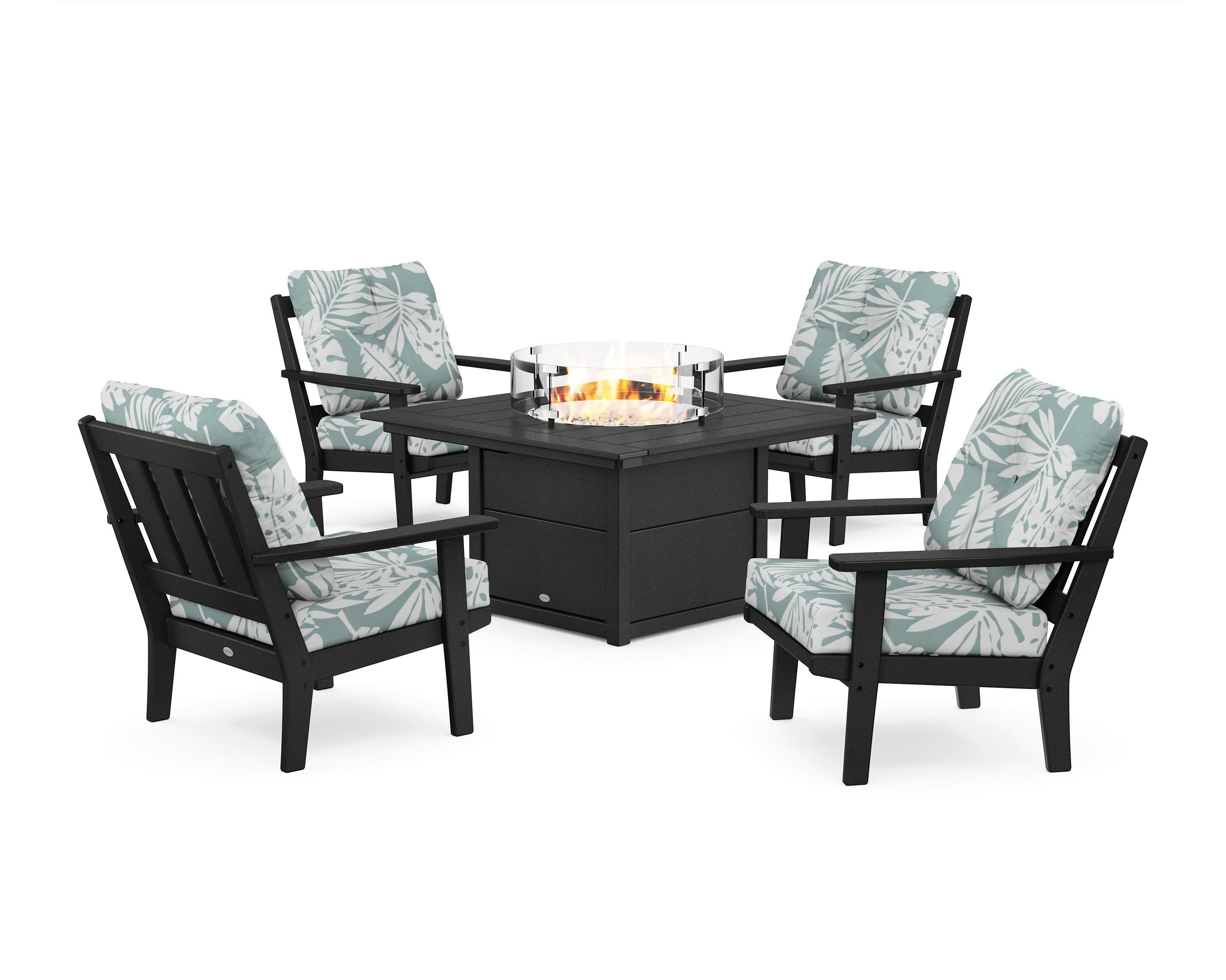 Oxford 5-Piece Deep Seating Set with Fire Pit Table in Black / Leaf Glacier Spa