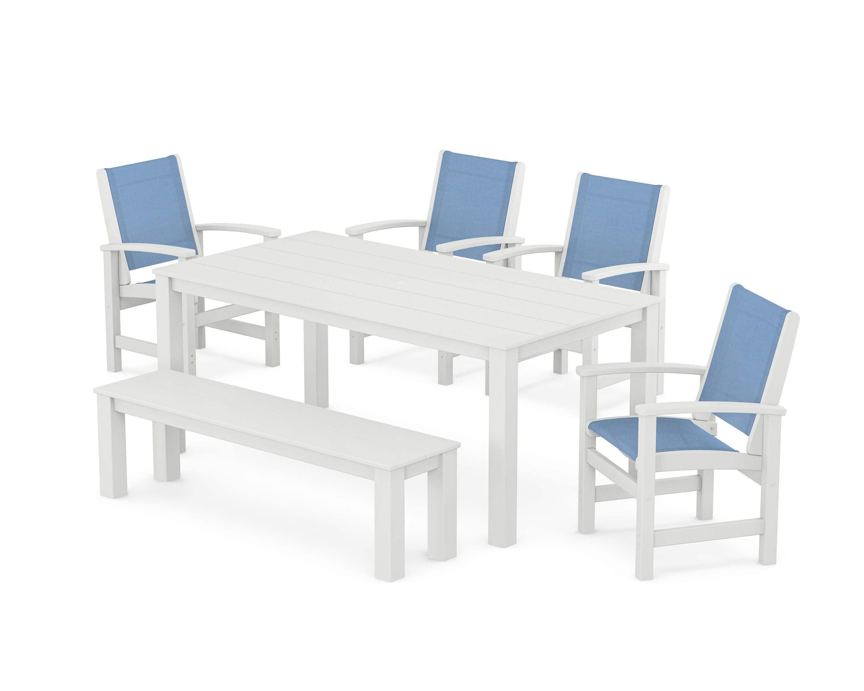 Coastal 6-Piece Parsons Dining Set with Bench in White / Poolside Sling