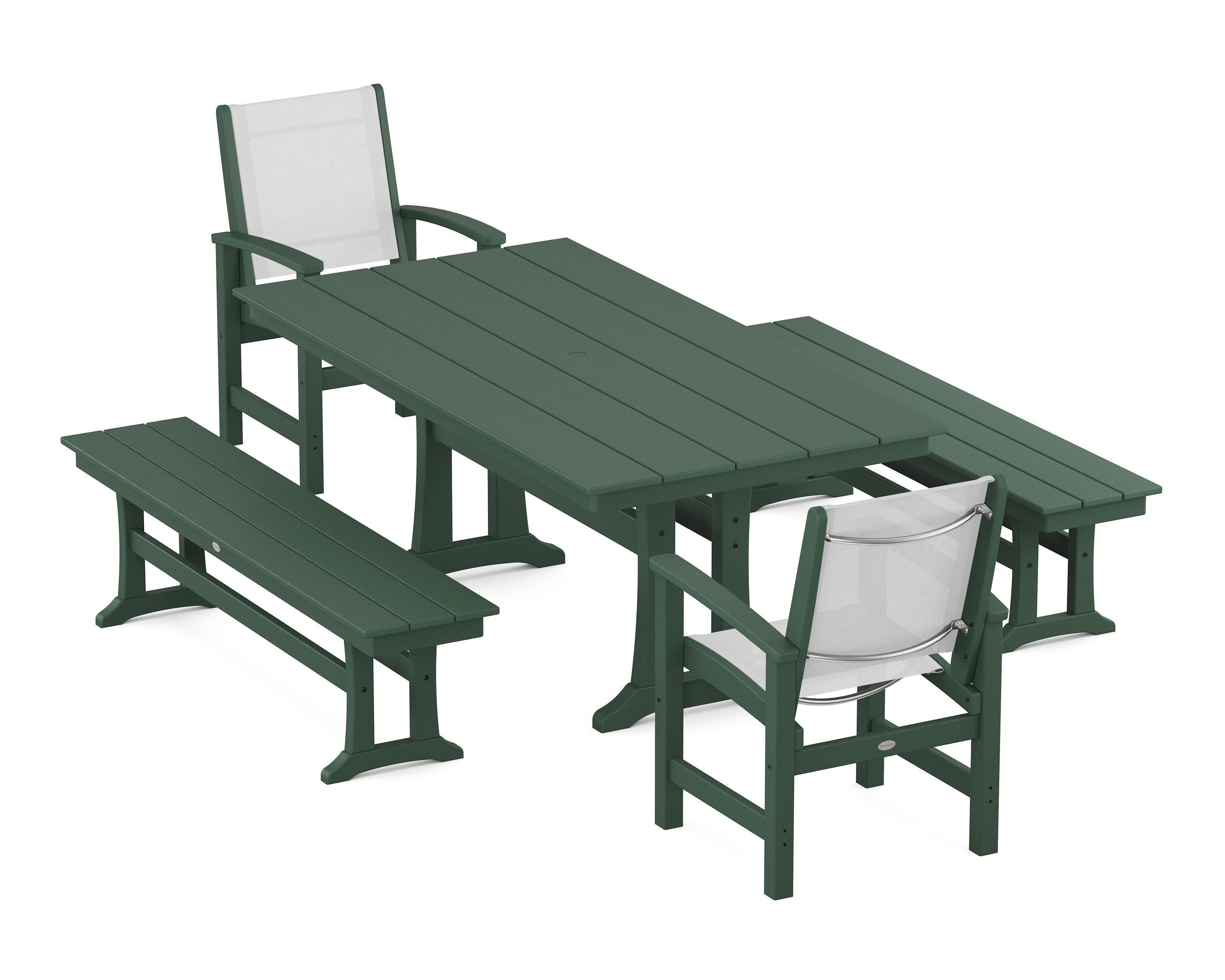 Coastal 5-Piece Farmhouse Dining Set with Trestle Legs and Benches in Green / White Sling