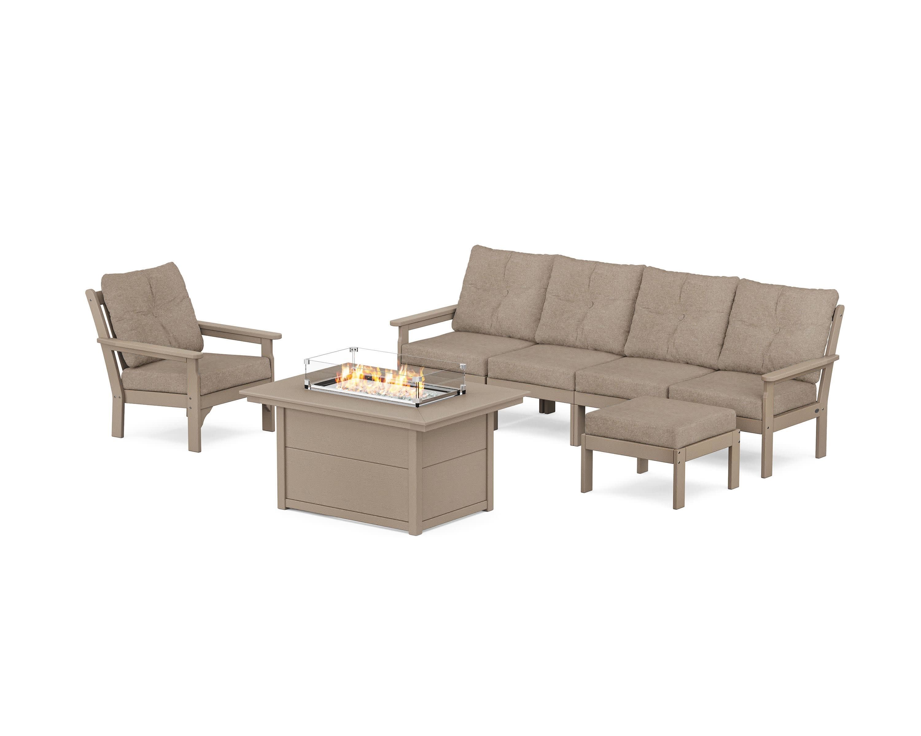Vineyard Sectional Lounge and Fire Pit Set in Vintage Sahara / Spiced Burlap